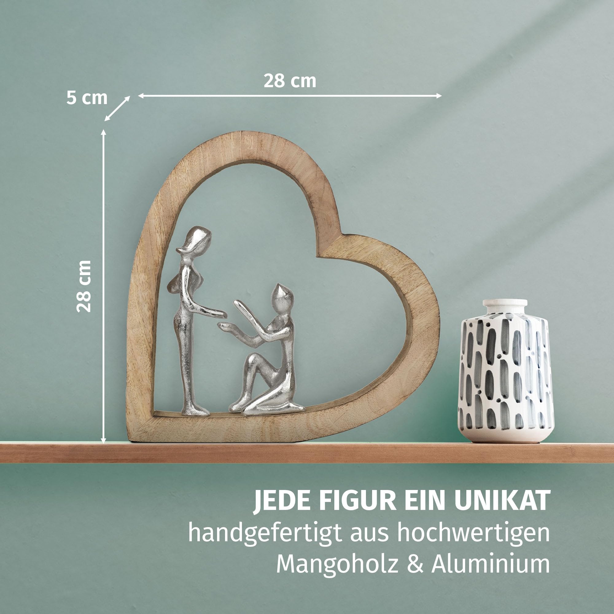 Moritz Figurka dekoracyjna The Promise 28 cm z drewna mango i aluminium Rzeźba w kształcie serca z dwoma osobami symbol miłości, zaufania i uczucia, dekoracja, rękodzieło, pomysł na prezent, unikat
