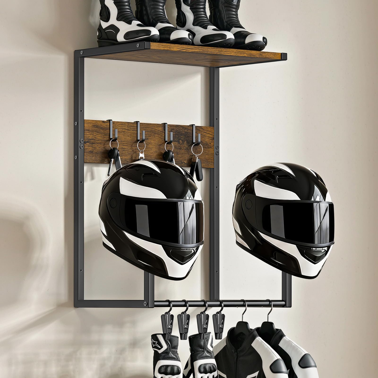 Housolution Motorcycle Helmet Wall Mount, Helmet Holder with 4 Glove Chips and 4 Hooks for Riding Suits & Accessories, Helmet Stand Display for Bike, Caps, Baseballs and Rugby Helmets for Garage