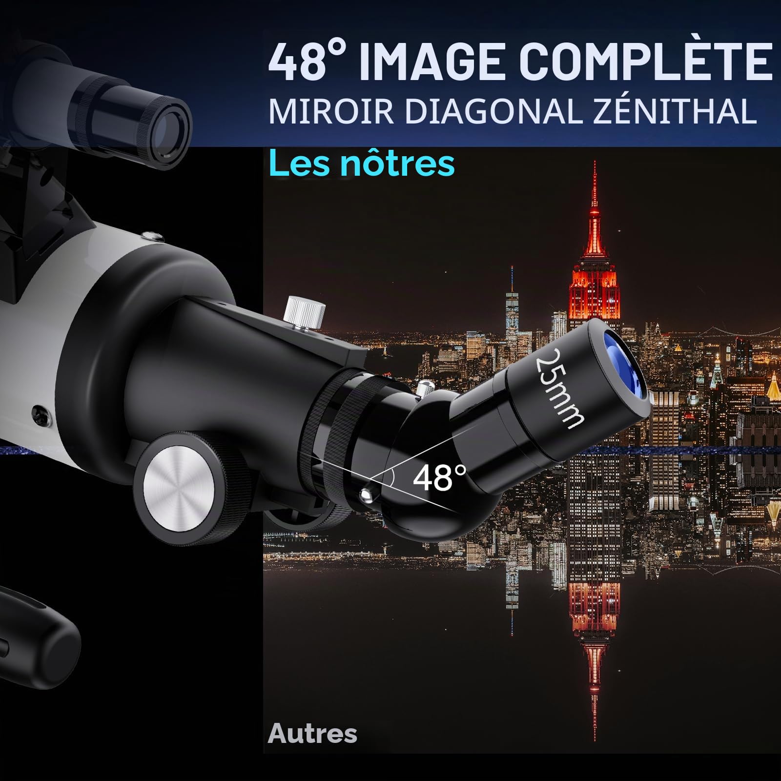 Télescope réfracteur de 800 mm de focale et d'ouverture de 90 mm, idéal pour débutants et Adultes. Grossissement de 32x à 240x. Lentille de Barlow 3X et Adaptateur pour téléphone Inclus (Blanc)