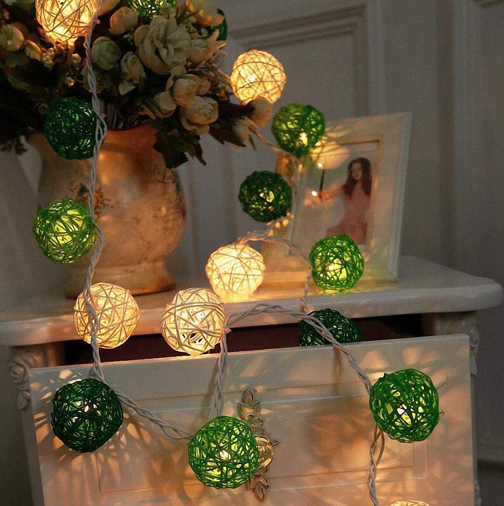 Antm Warm White+Green Rattan Ball String Lights, 3M/9.8Ft,Battery Operated 20 Led String Lights, Indoor Fairy String Lights Decorative For Bedroom Party Wedding (Warm White+Green)