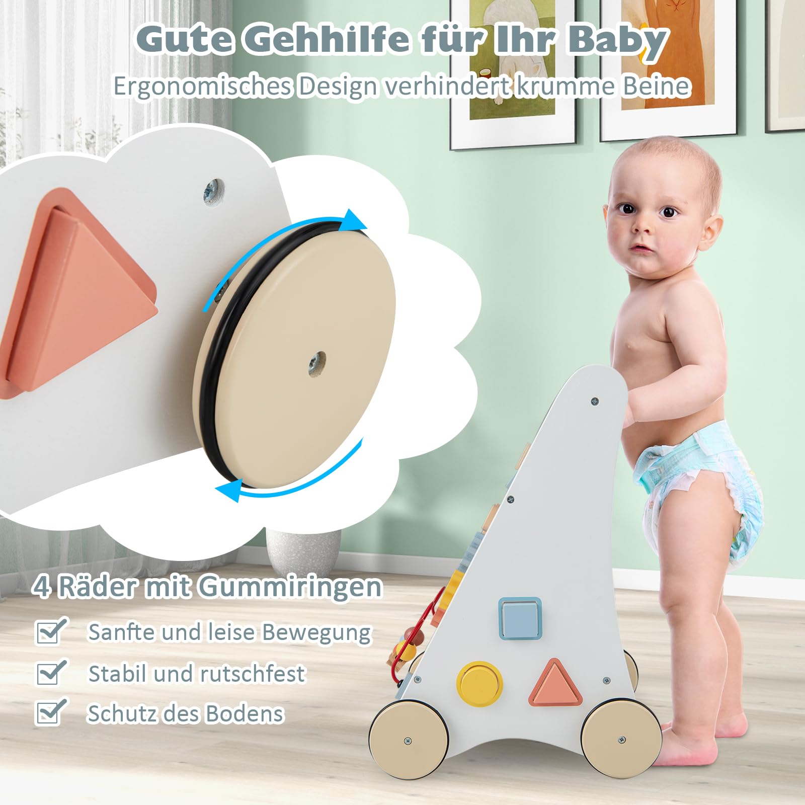 DREAMADE Lauflernwagen Holz, Lauflernhilfe ab 1 Jahr, Baby Gehhilfe mit Spiegel & Spielzeug, Gehfrei Baby Holzspielzeug für Jungen & Mädchen (Modell 1-Weiß)