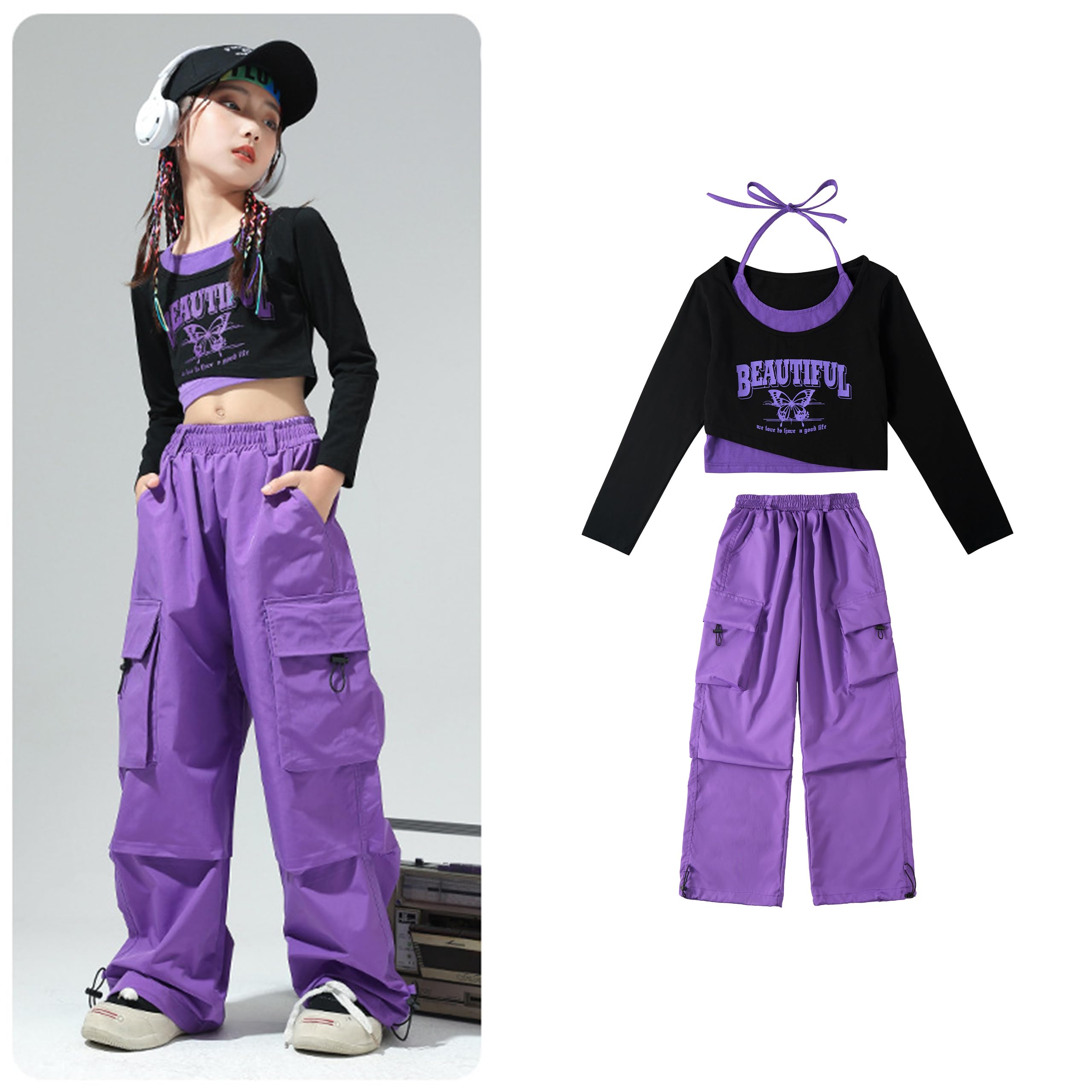 LOLANTA Dziewczęcy zestaw hip-hopowy, krótki top z nadrukiem i spodnie cargo, zestaw do tańca, nowoczesna streetwear
