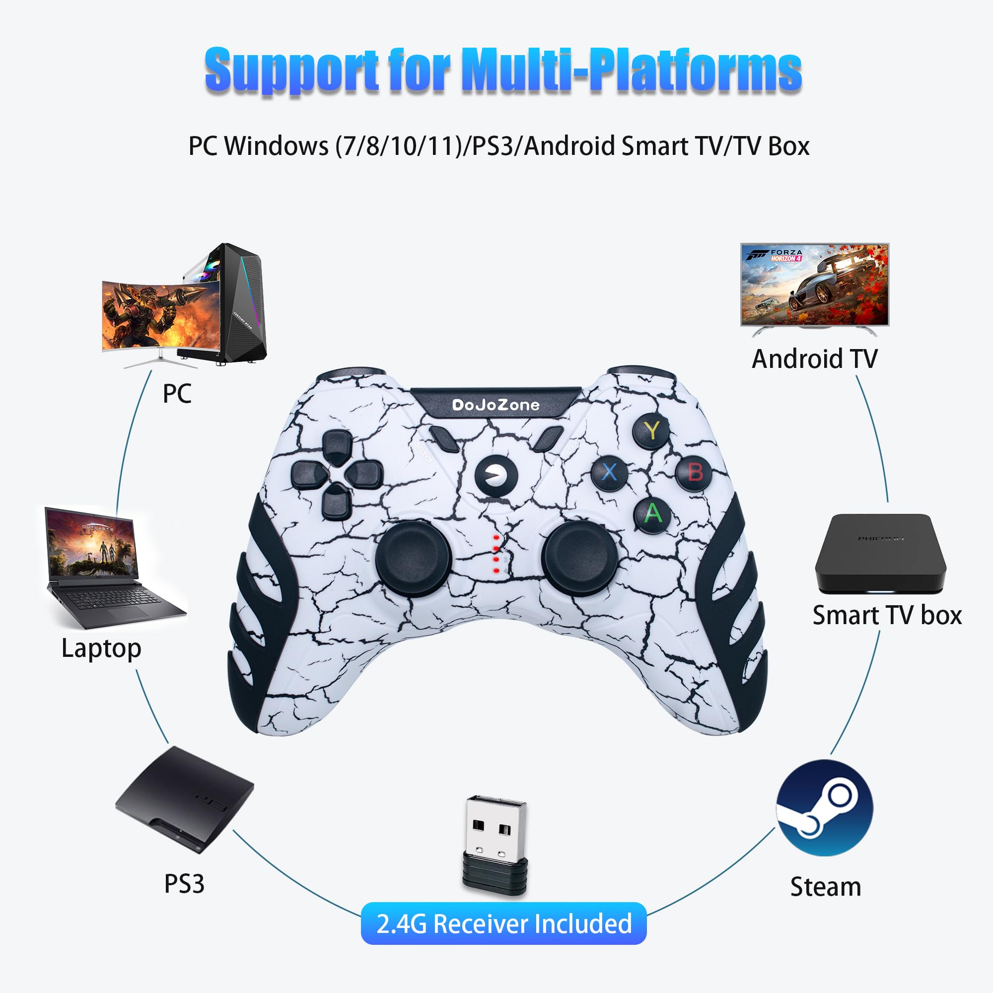 DoJoZone Controller PC Wireless, Joystick PC PS3 Controllers con Effetto Hall Joysticks/Vibrazione, 2,4G Wireless Gamepad per Windows 11/10/ 8/7, PS3, Steam, Laptop, Raspberry Pi, Android TV/TV Box