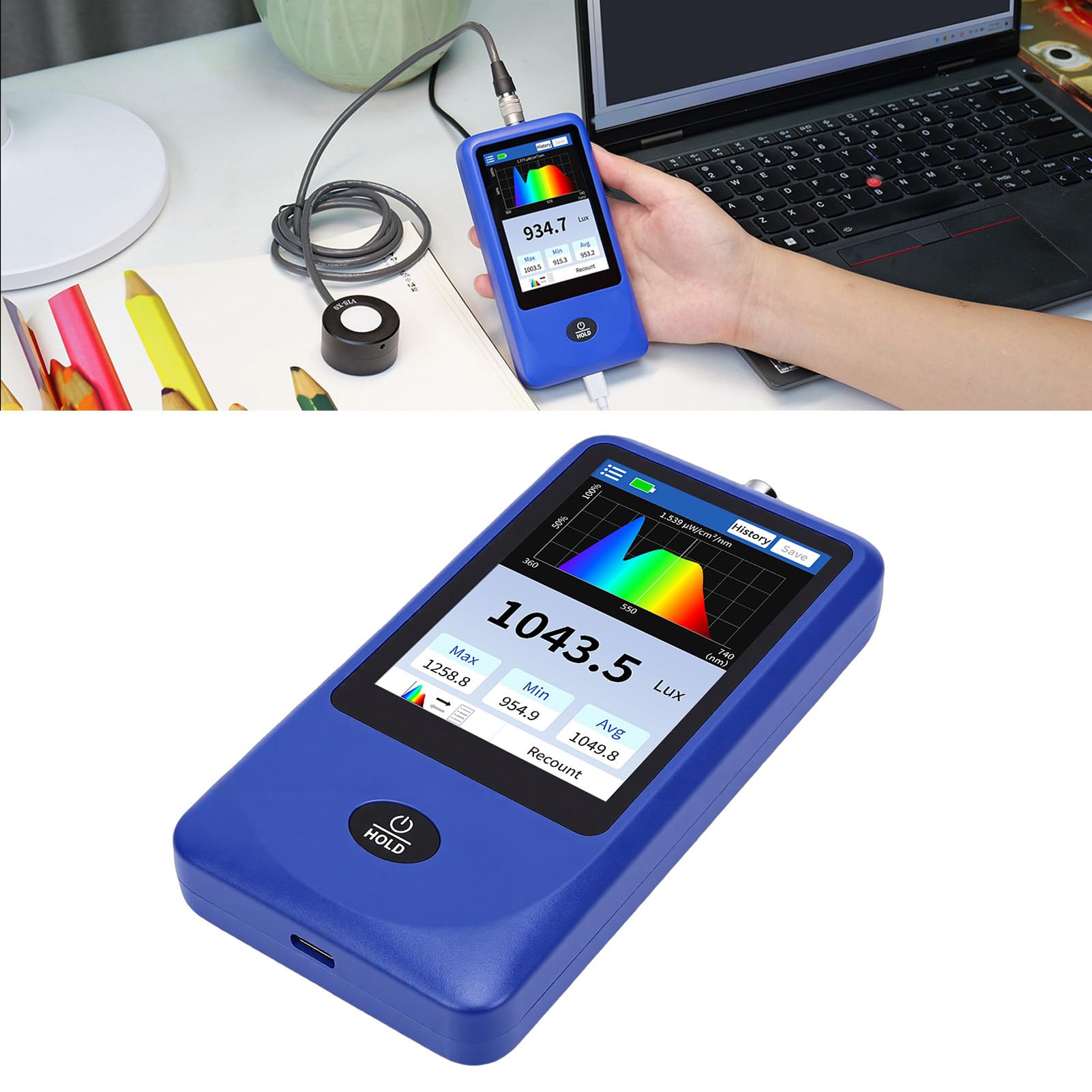 Aramox Spectromètre de Lumière Portable, Mesure de L'éclairement (1 Million de lx), PPFD, Température de Couleur, IRC, pour le Test de L'éclairage LED de Croissance des plantes.