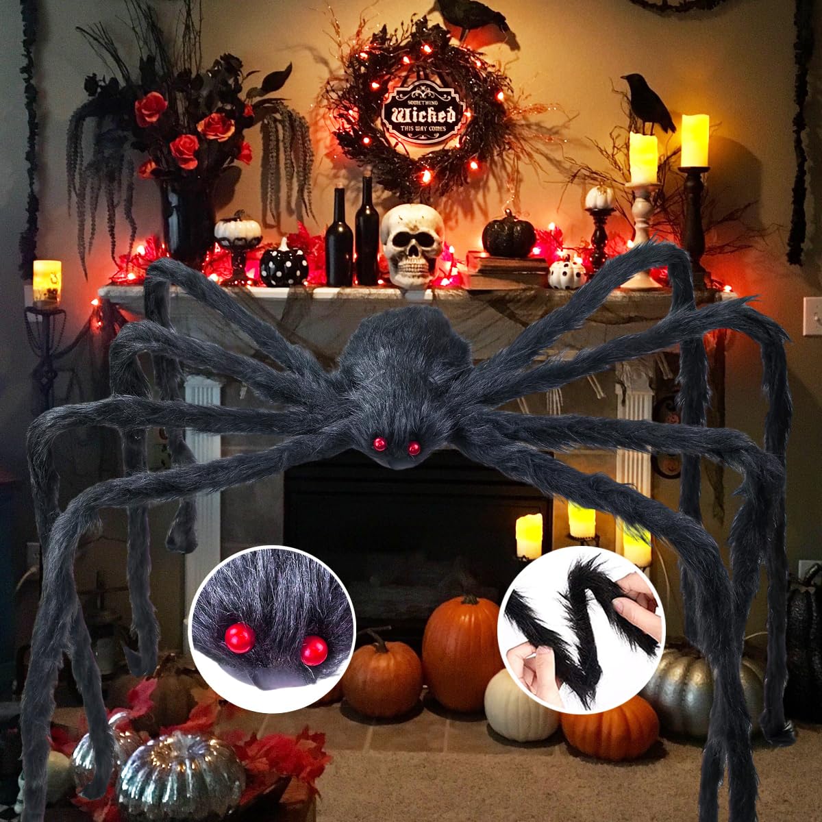 Araña Gigante De Halloween De 2 Metros (6.6 Pies) – Decoración Realista Con Ojos Rojos Y Patas Flexibles Para Interior Y Exterior