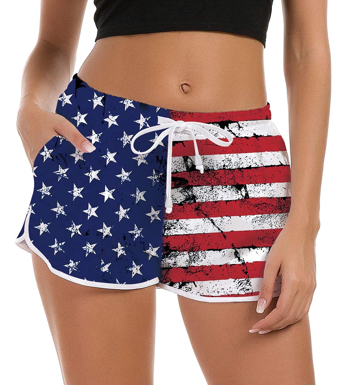Idgreatim Women Surfing Beach Boardshorts Stripe and Star Flag Fast Dry Swimming Trunks Lightweight Water Sporting Swimsuit Bottom for Independence Day L
