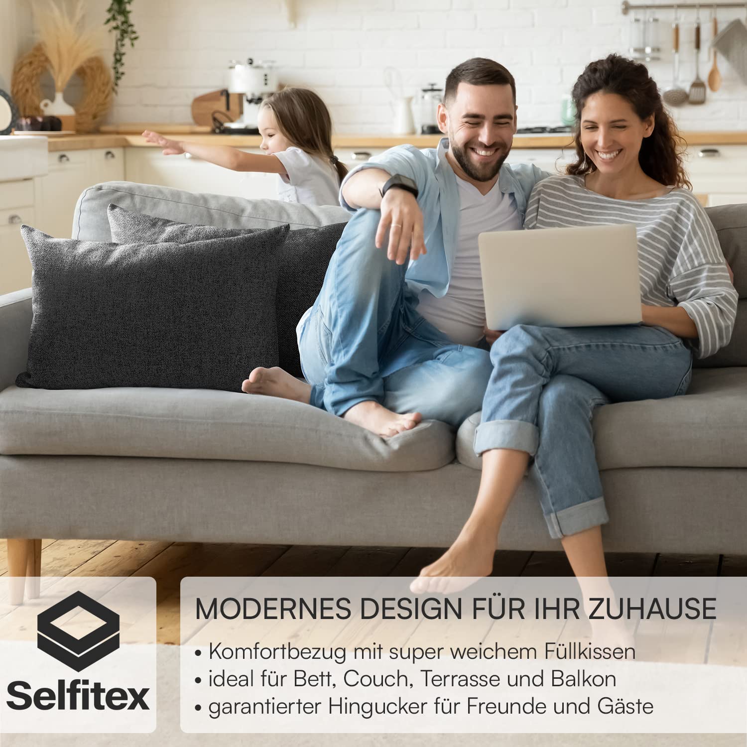 Selfitex 2er Set 40x60 cm, Sofakissen mit Füllung und Bezug, Dekokissen, Kopfkissen mit weicher Kissenfüllung, stilvolle Kissen Deko, robuster Polsterstoff, hochwertiges Couch Kissen (Anthrazit)