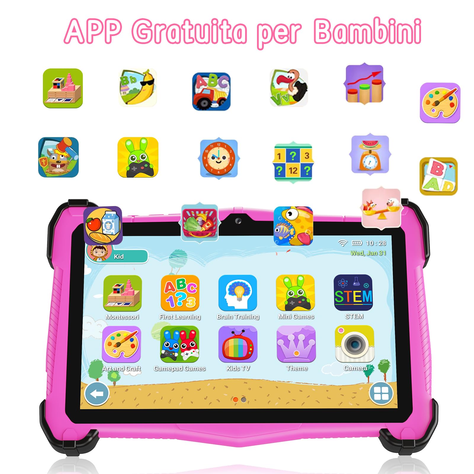 EagleSoar 2024 Tablet Bambini 7 Pollici, 10GB+64GB/1TB TF da Processore Octa-Core, Tablet Android 14 per Bambini dai 3-12 anni, Tablet Kids con Controllo Parentale e Custodia Protettiva in EVA(Rosa)