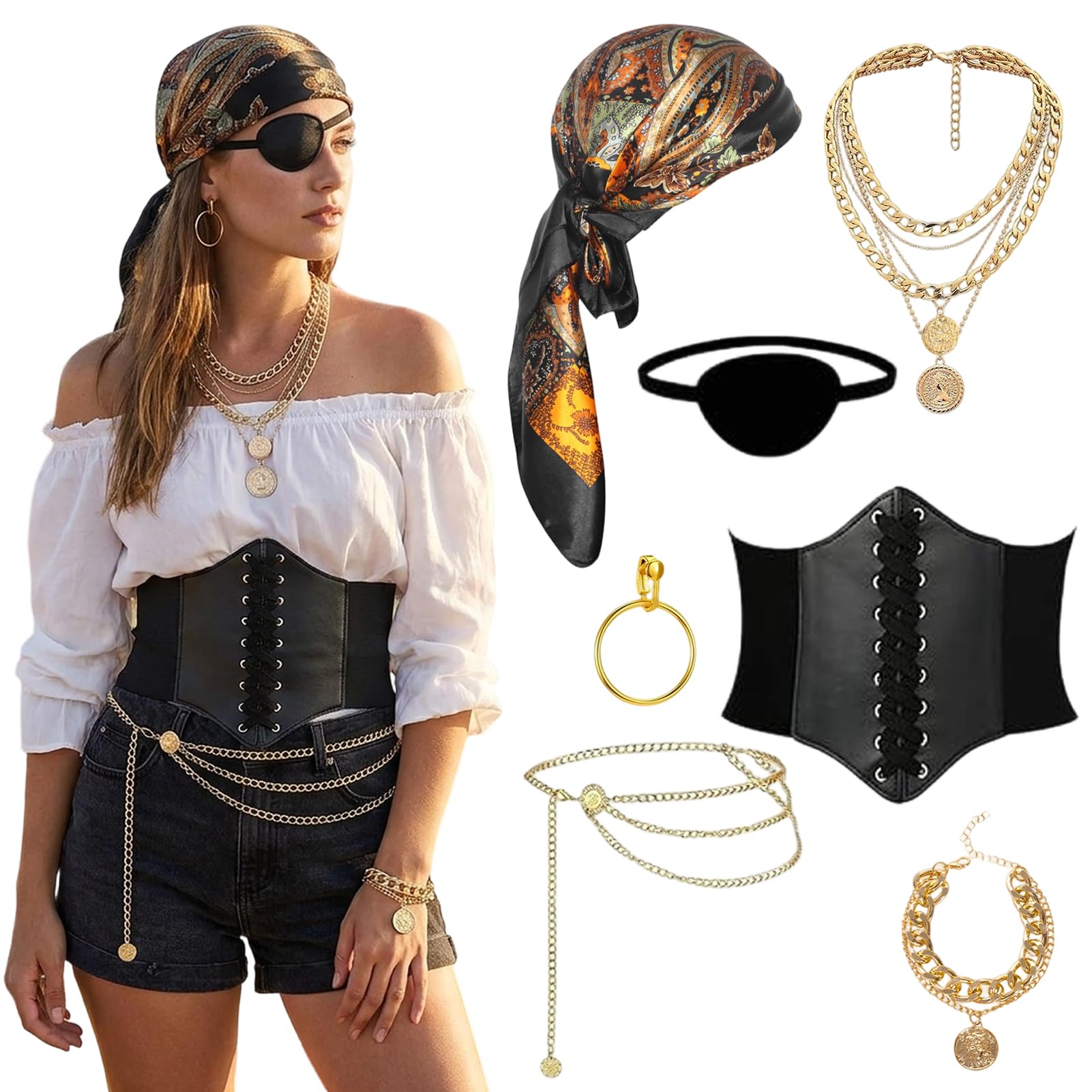 Crittygo 7 Pieces Pirate Costume Accessories Set, Medieval Pirate Fancy Dress with Headscarf Eye Patch Earrings Ring Necklace Bracelet Waist Belt, Women Men Halloween Cosplay Costume