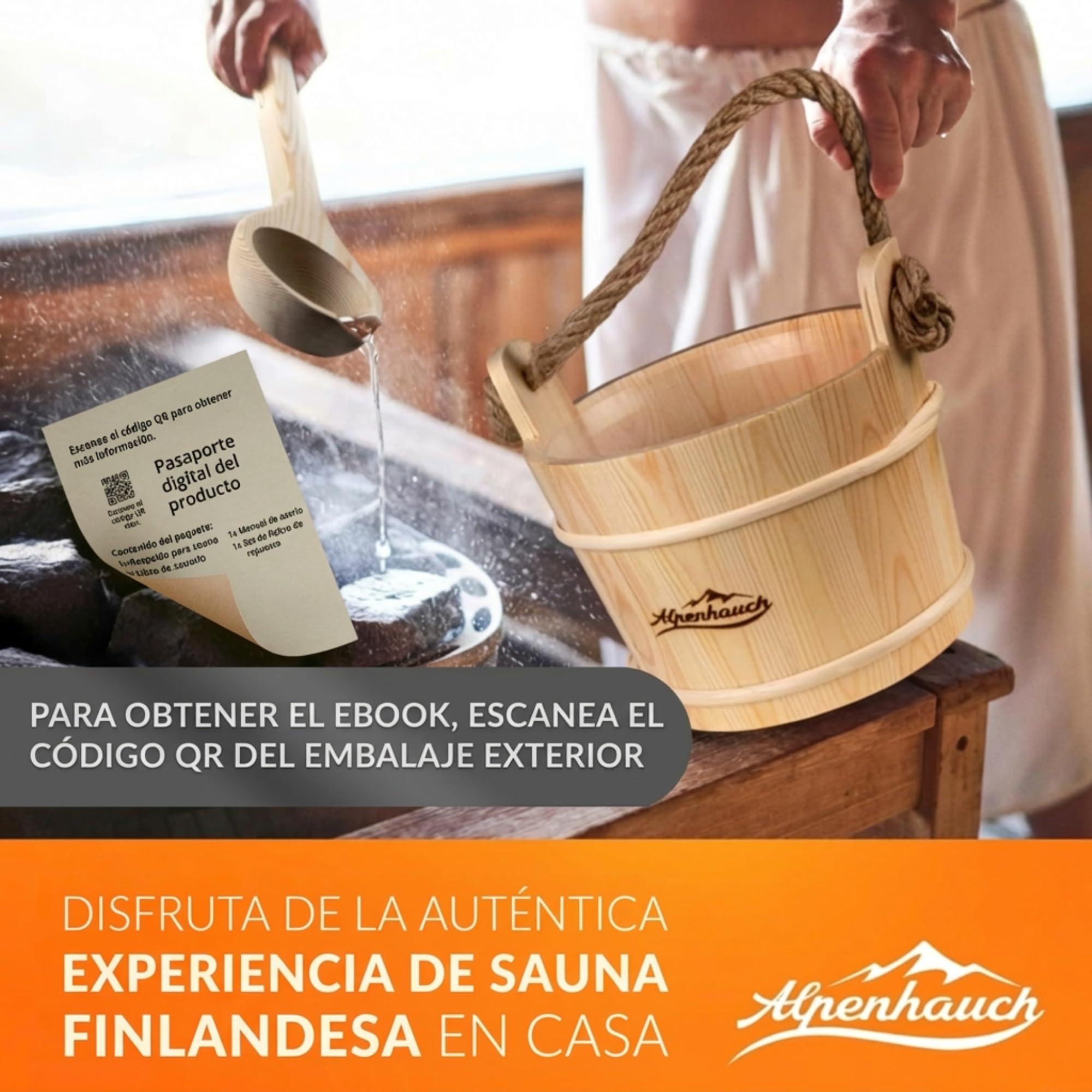 ALPENHAUCH Cubo de sauna con cuchara [100% madera natural] - Cubo de sauna elegante con reloj de arena y termómetro - Accesorios duraderos para sauna - Juego de cubo para sauna (cubo de sauna con