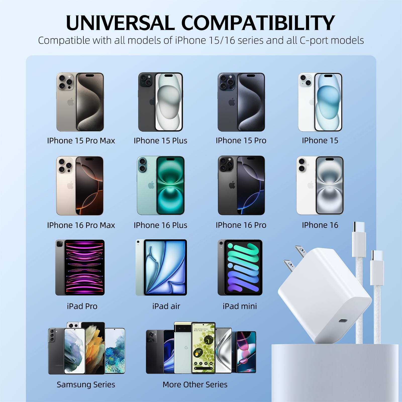 Szybka ładowarka do iPhone'a 16 Pro, 2 sztuki, 2 szt., 25 m, długi kabel USB C, z szybką ładowarką USB 20 W, do iPhone'a 16e/16 Pro/16 Pro max/16 Plus/16/iPhone 15/15 Pro/15 Pro Max/15 Plus, iPada Pro