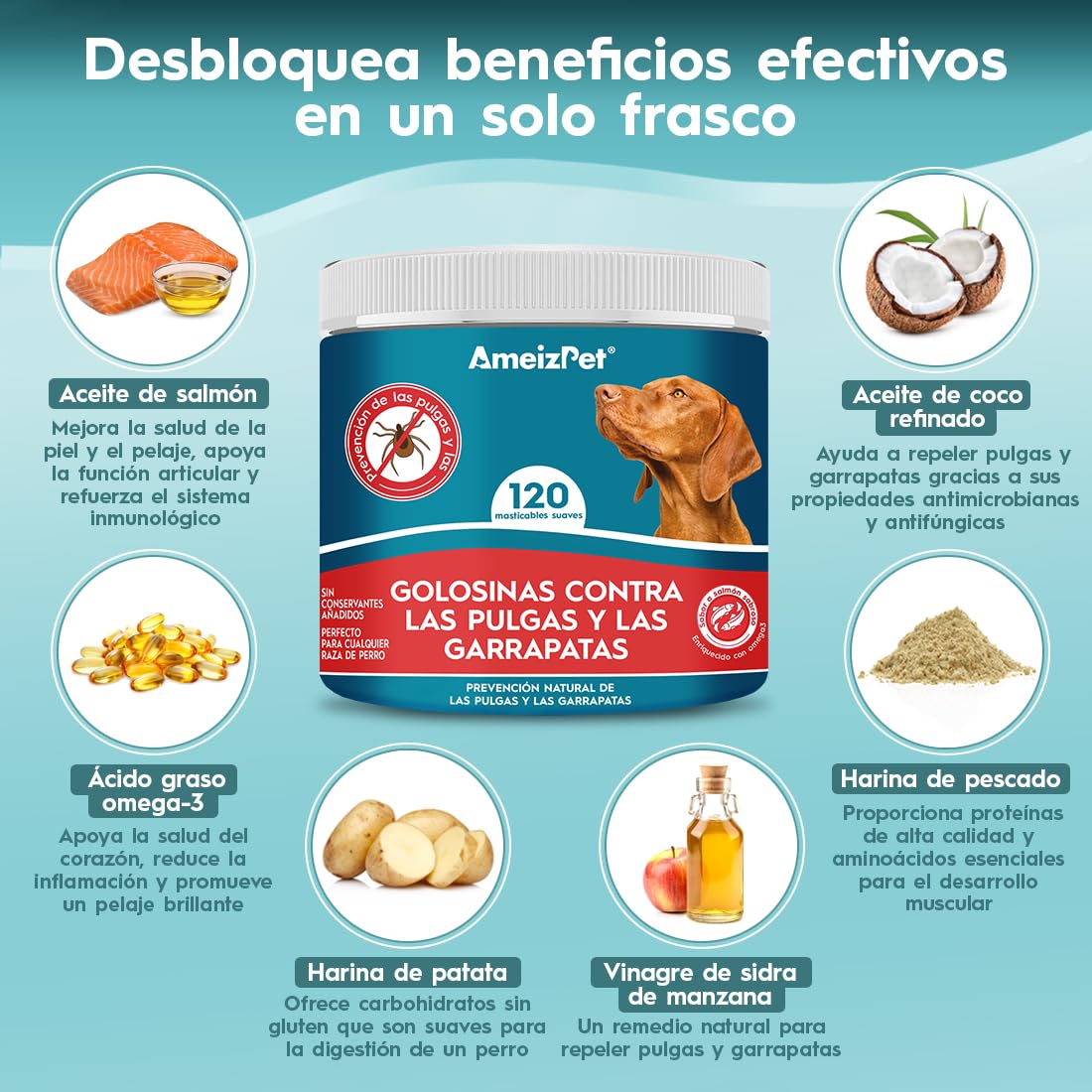 AmeizPet Pastillas Pulgas Y Garrapatas Perros, Antipulci per Cani, Pastillas para Perro Pulgas Y Garrapatas para Cachorros Y Perros Adultos, Enzimas Digestivas, 120 Chuches Caninas, 270g (9.5 Oz)