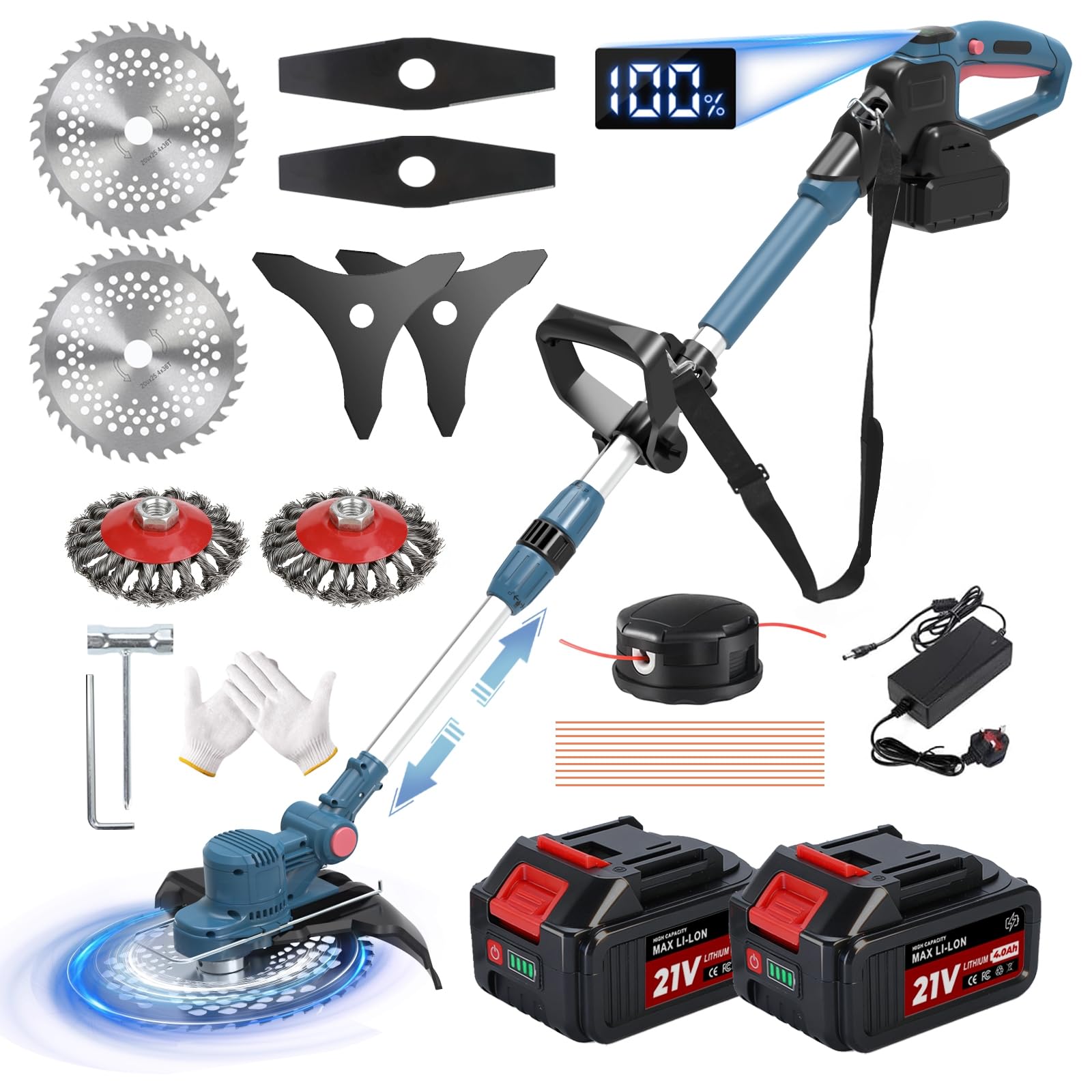 Cordless Strimmer, Garden Strimmer Cordless with Weed Brush and 2 x 4.0Ah Battery Brushless Cordless Grass Trimmer 5 in 1 Electric Garden Strimmer Battery Strimmer Brush Cutter for Garden Pruning,Blue