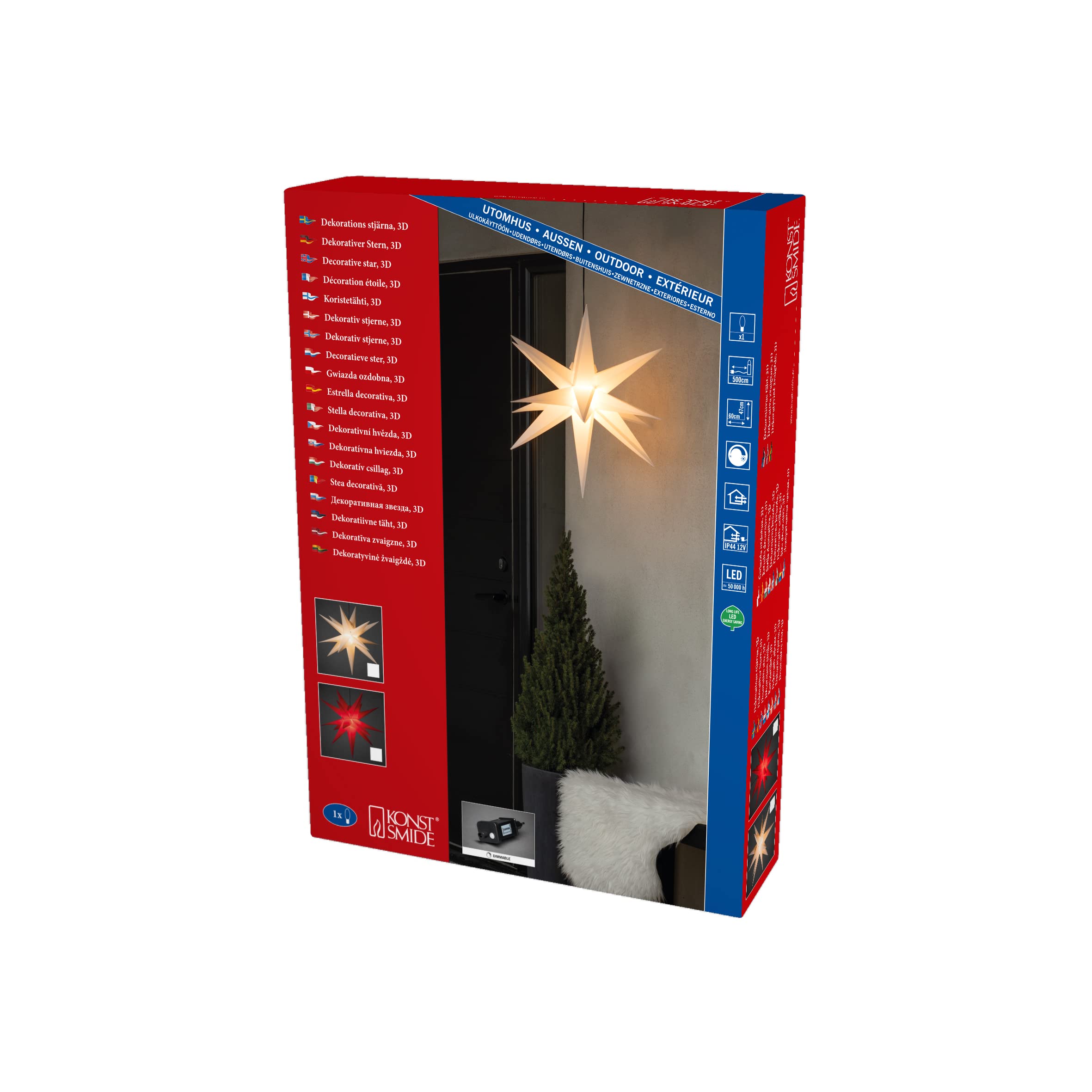 Konstsmide Weißer 3-D Kunststoffstern, inkl. Leuchtmittel, außen, 1 warm weiße Diode, E-Trafo 12V/12W Dimmer (IP44), 3W, schwarzes Kabel - 5970-200