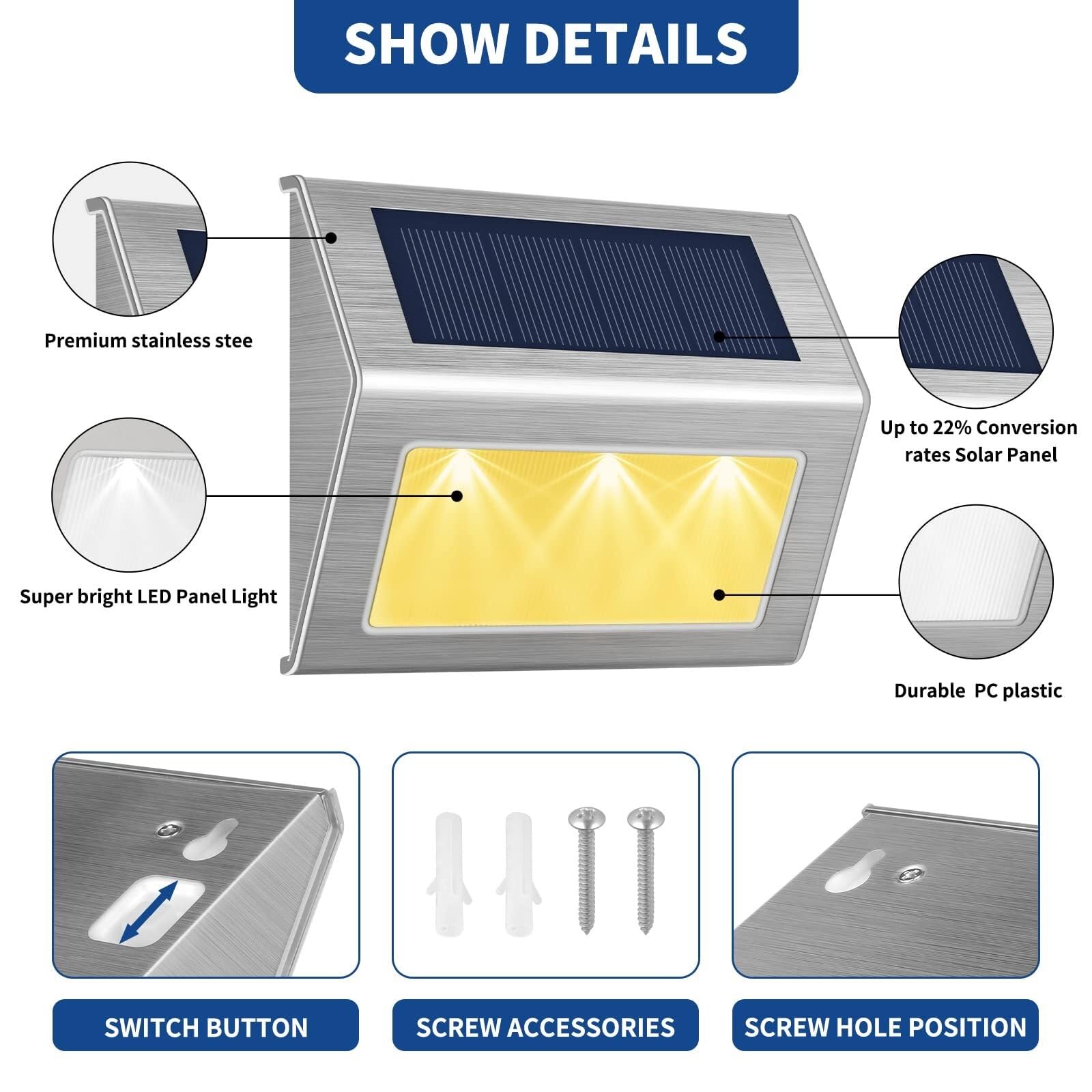 Foco Led Exterior, Paquete de 10 Luces solares for Cubierta,Acero Inoxidable,Luz Solar LED for Escalera,Lámparas de Seguridad for Exteriores Impermeables