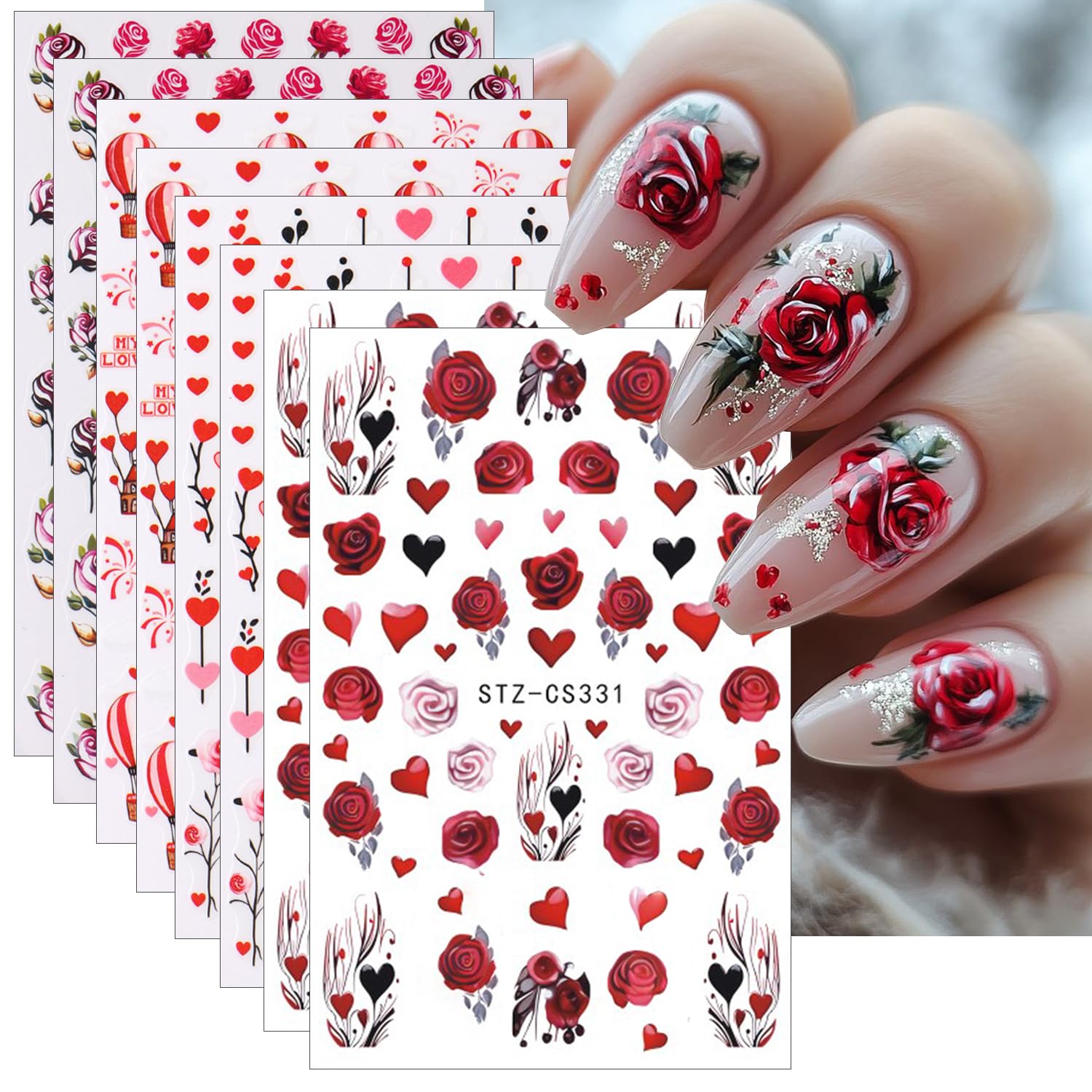 8Sheets Nail Stickers ins Valentine's Day Romantic Love Hot Air Balloon Rose Flower Heart Tree Nail Art Sticker 3D Self-Adhesive Nail Decals