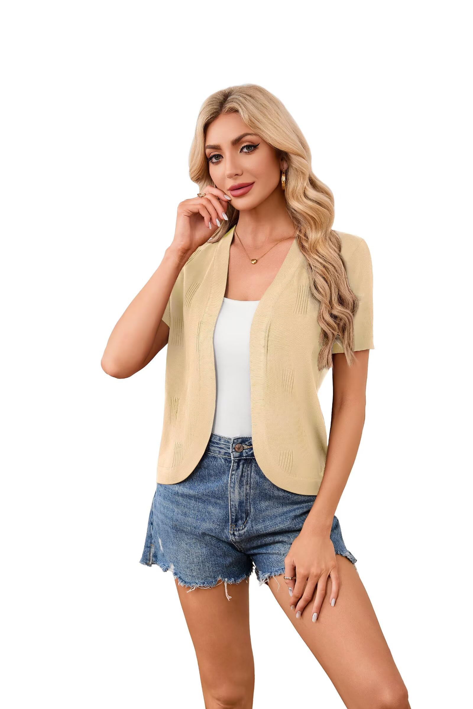 Cardigan estivo da donna, a maniche corte, elegante, scollo a V, corto, leggero, traspirante, aperto, a maniche lunghe, estivo, bolero, S-2XL
