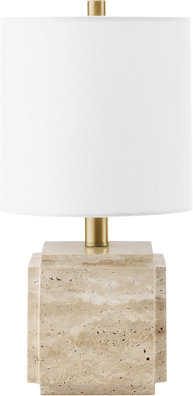 Henn&Hart 15.5'' Eclectic 1-Light Stone Table Lamp with White Fabric Drum Shade for Living Room, Bedroom, or Office, Natural Travertine
