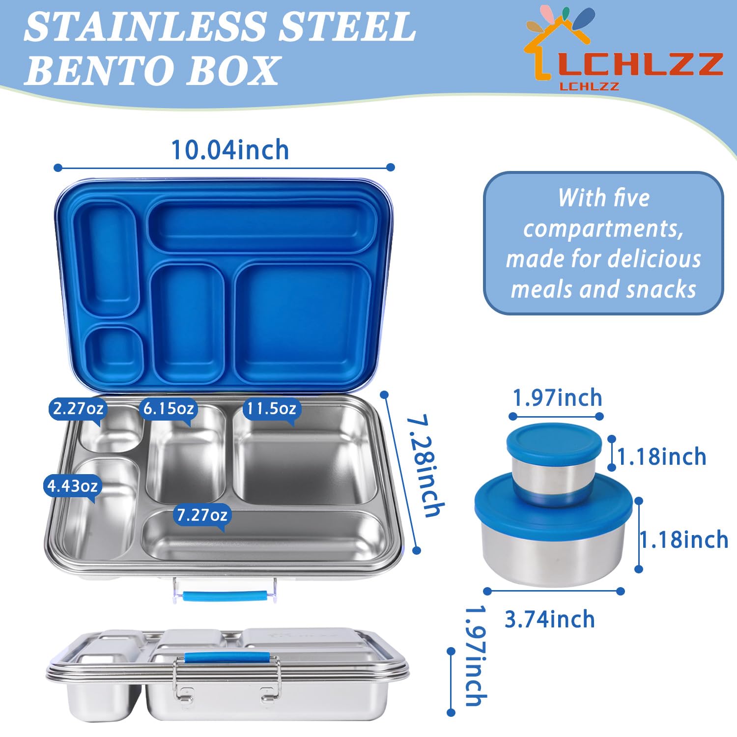 LCHLZZ Bento Box in acciaio inox, 5 scomparti con 2 contenitori bonus, a prova di perdite e senza BPA, contenitori per il pranzo in acciaio inox 304, per ufficio, viaggi, lavabili in lavastoviglie