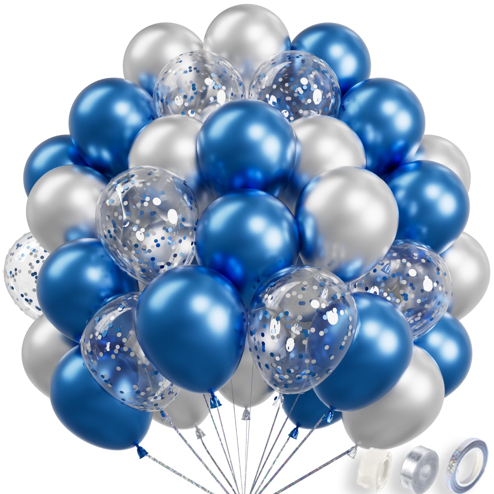 RainbowQ Party Metallic Shiny Blue and Silver Balloons 12 Inch 68PCS Silver Blue Confetti Balloons Latex Helium Balloon Set for Graduation Wedding Birthday Party Decorations