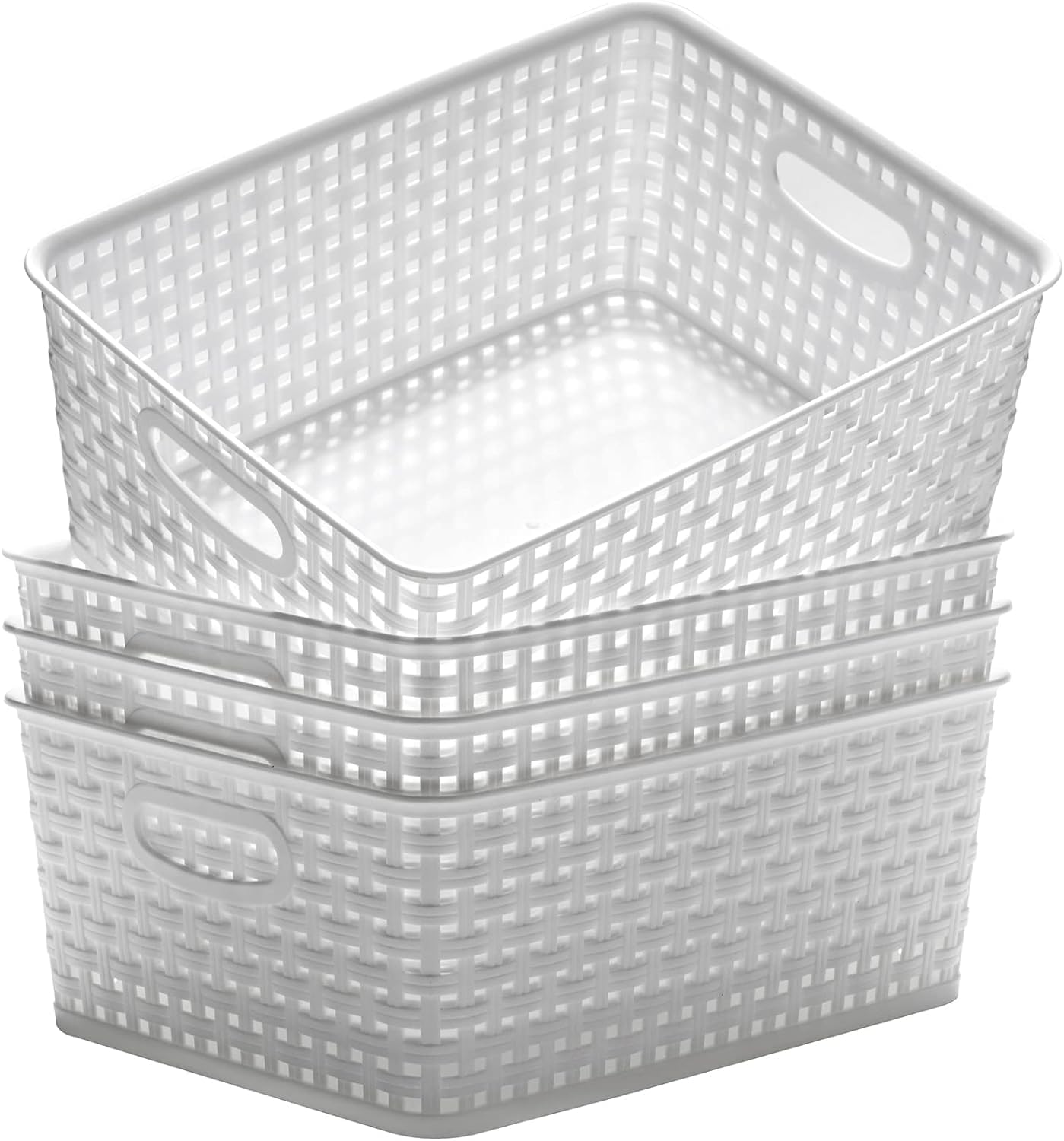 Plastic Storage Baskets, Small Pantry Organizer Bins for Organizing, Stackable Woven Storage Basket Open Storage Box, Household Organizers for Bathroom, kitchen (4PCS - White)