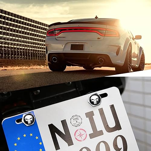 Miniatura 3 de Pack-4 Kit de tornillos de matrícula de aleación de aluminio de calavera blanca, tapones de rosca antirrobo para automóvil, marco de matrícula,