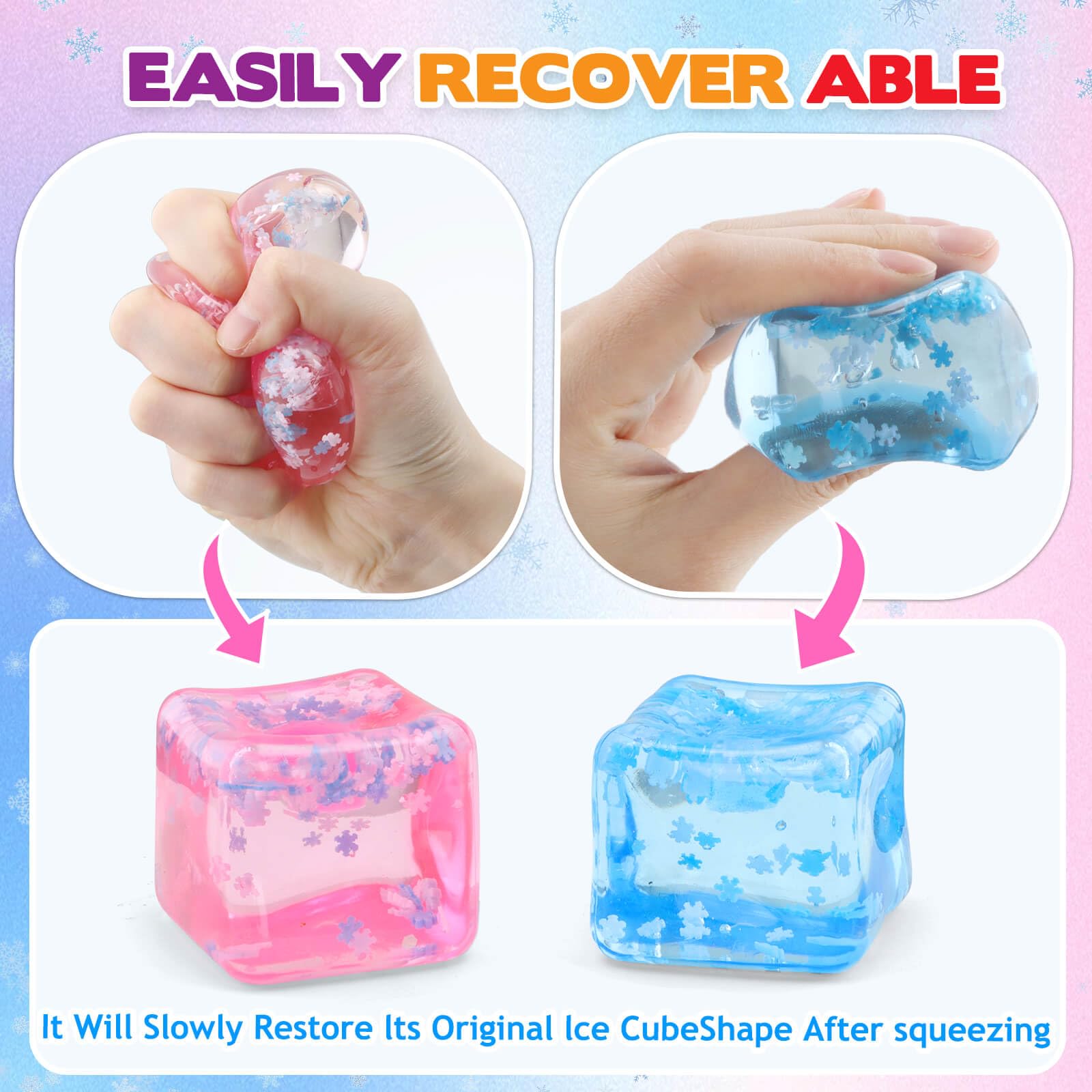 Chridark Ice Cube Fidget Toys for Adults Kids: 2 Pcs Sensory Squishy Fidget Toys Square Stress Balls Gifts for All Ages Adults Kids Teens Presents Anxiety Relief Stress Cube (Blue+Pink) - Image 4