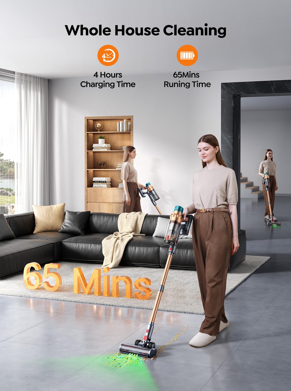 SMOTURE Kabelloser Staubsauger, 600-W-Motor, 50 kPa Saugleistung, kabelloser Stabstaubsauger mit 65 Minuten Laufzeit, LED-Touchscreen, kabelloser Staubsauger für Hartböden/Teppiche/Tierhaare