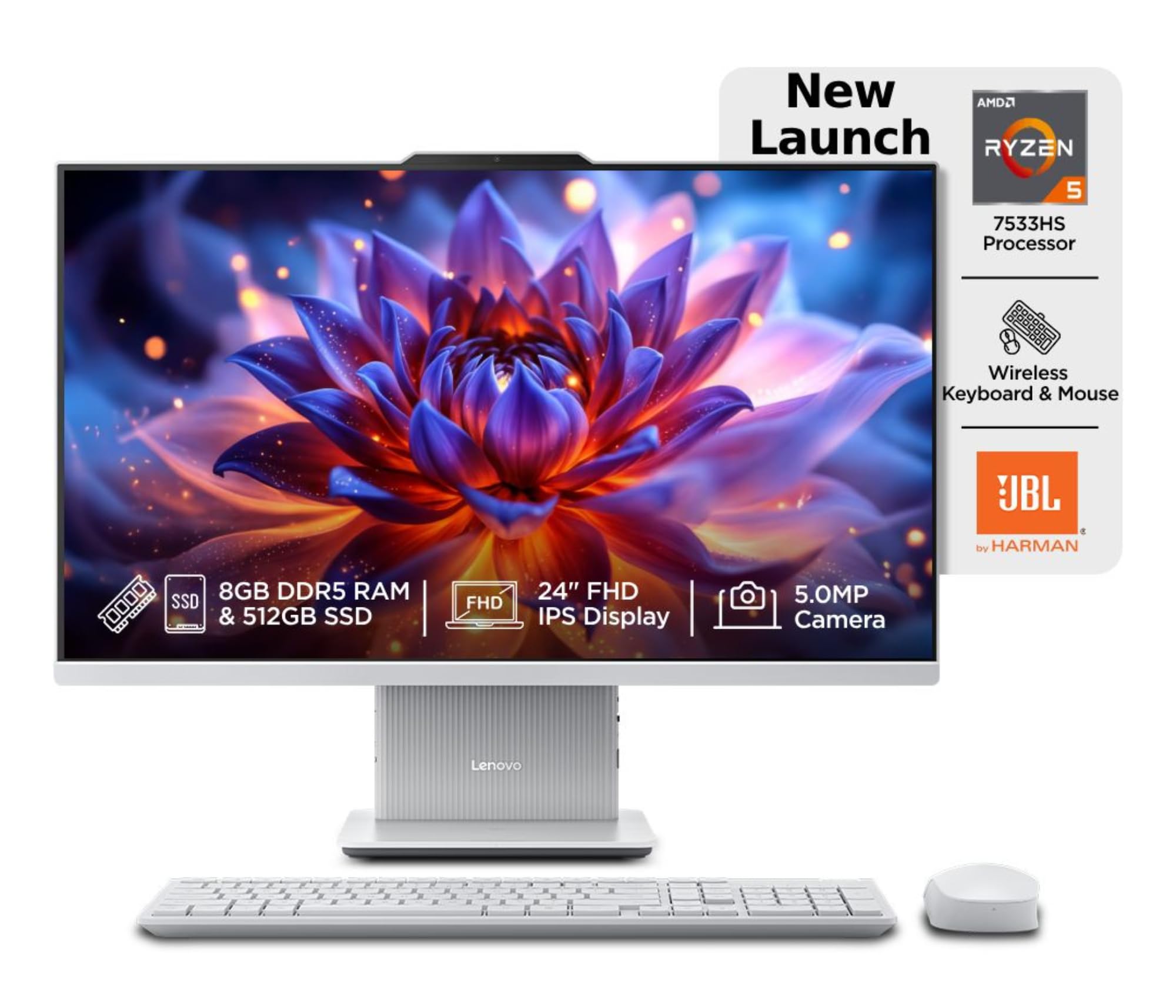 Lenovo IdeaCentre AIO Ryzen 5 7535HS 23.8" FHD IPS All-in-One Desktop (8GB RAM/512GB SSD/Win11/Microsoft 365 Basic + Office 2024/3Wx2 Speakers/5MP+IR Camera/Wireless Keyboard & Mouse), F0HR00CFIN-image-13