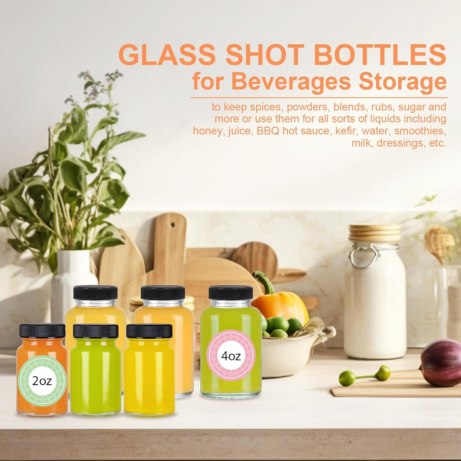 NEWMIAO 40 Pack 2 oz Glass Shot Bottles with Caps, Juice Shot Glasses with Lids, Reusable Empty Wellness Glass Bottles, Small Clear Jars for Ginger, Juice, Beverages