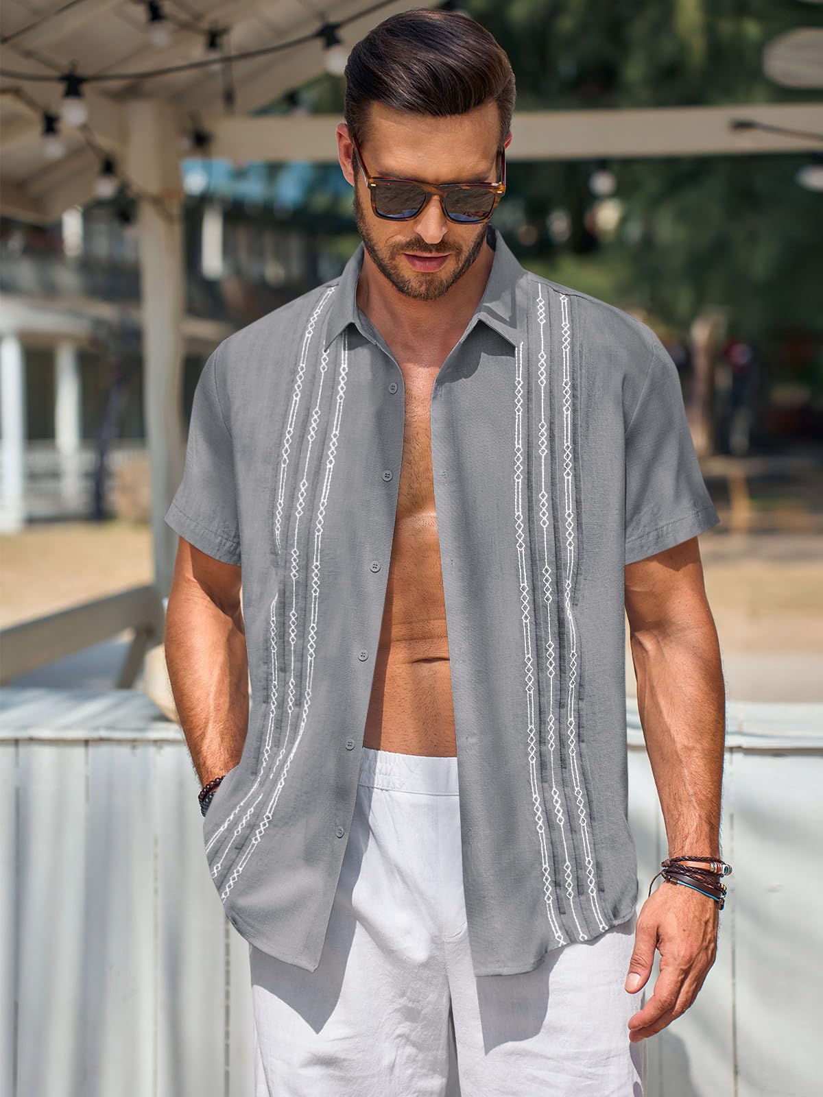 Men's Guayabera Cuban Shirt - Short Sleeve Button Down, Light Grey, Medium, 4 Pockets, Relaxed Fit - View #10