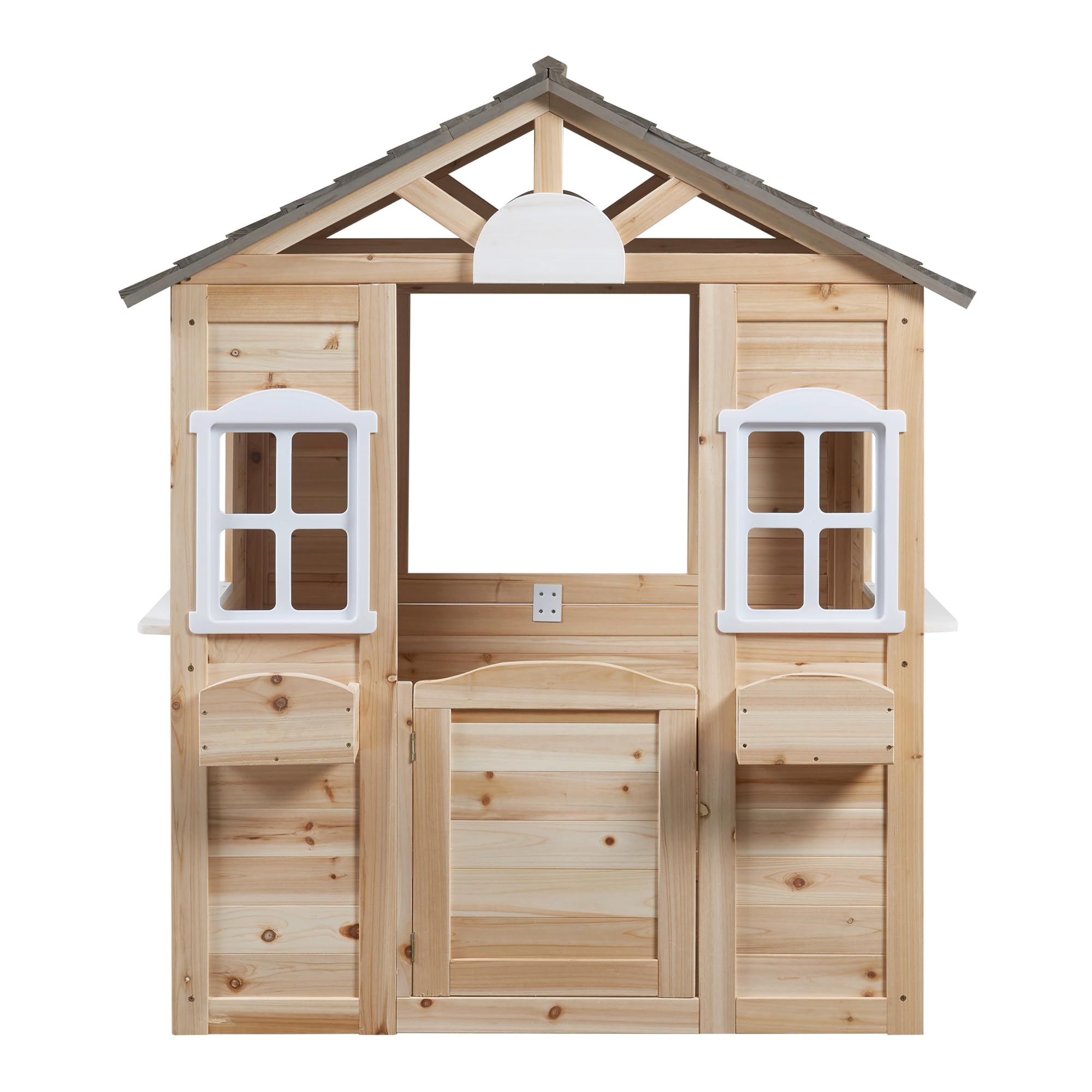 casa.pro Casa de Juegos Acciano con Jardineras Casita para Niños con Ventanas y Puerta Abatible Casa de Madera para Exterior y Jardín de Madera de Abeto 131x113x97 cm - Natural/Gris