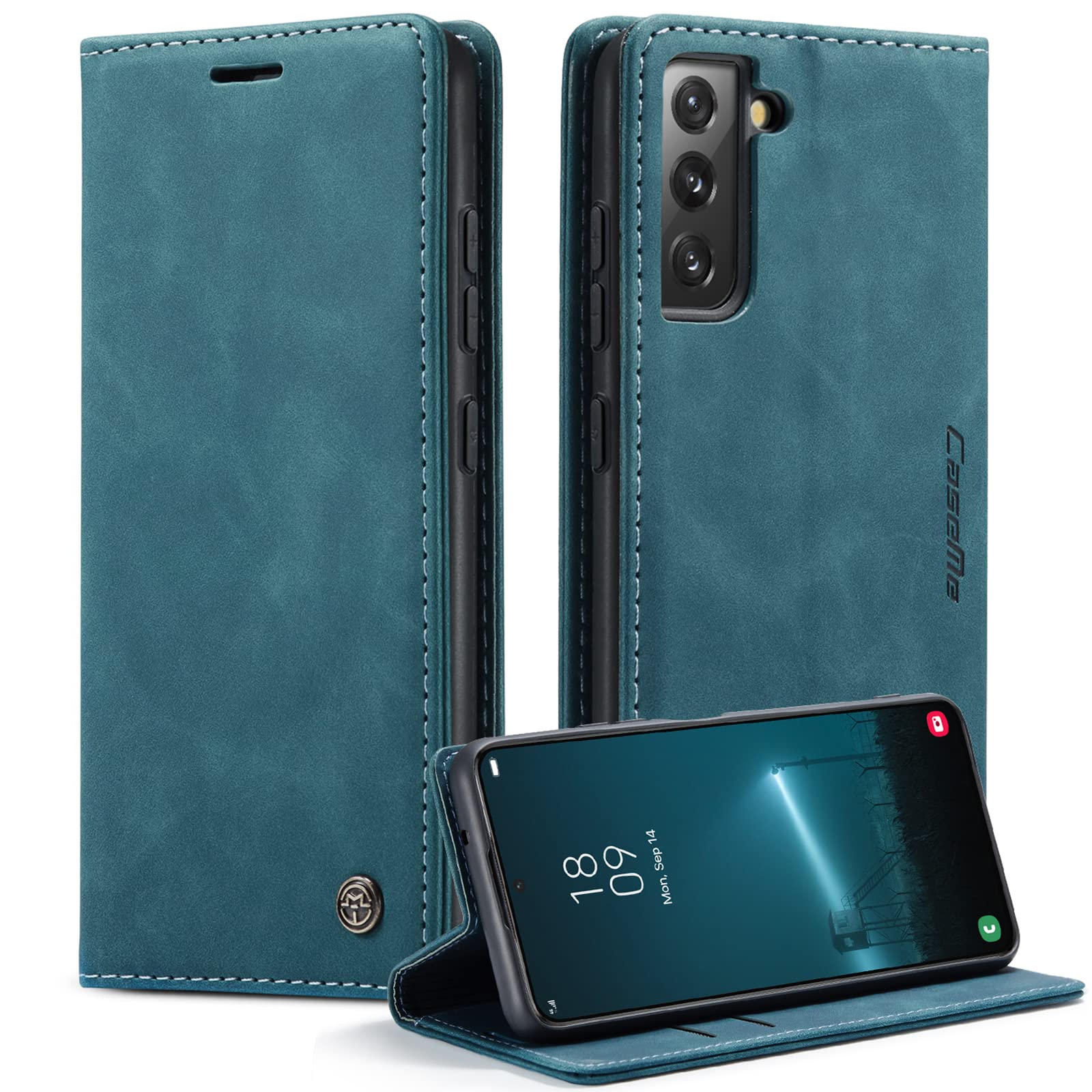 Cracedily for Samsung Galaxy S22 Case, Flip Wallet Leather Case with Card Holder Magnetic Closure Shockproof Kickstand Protective Phone Cases Cover for Samsung S22,Blue-Green