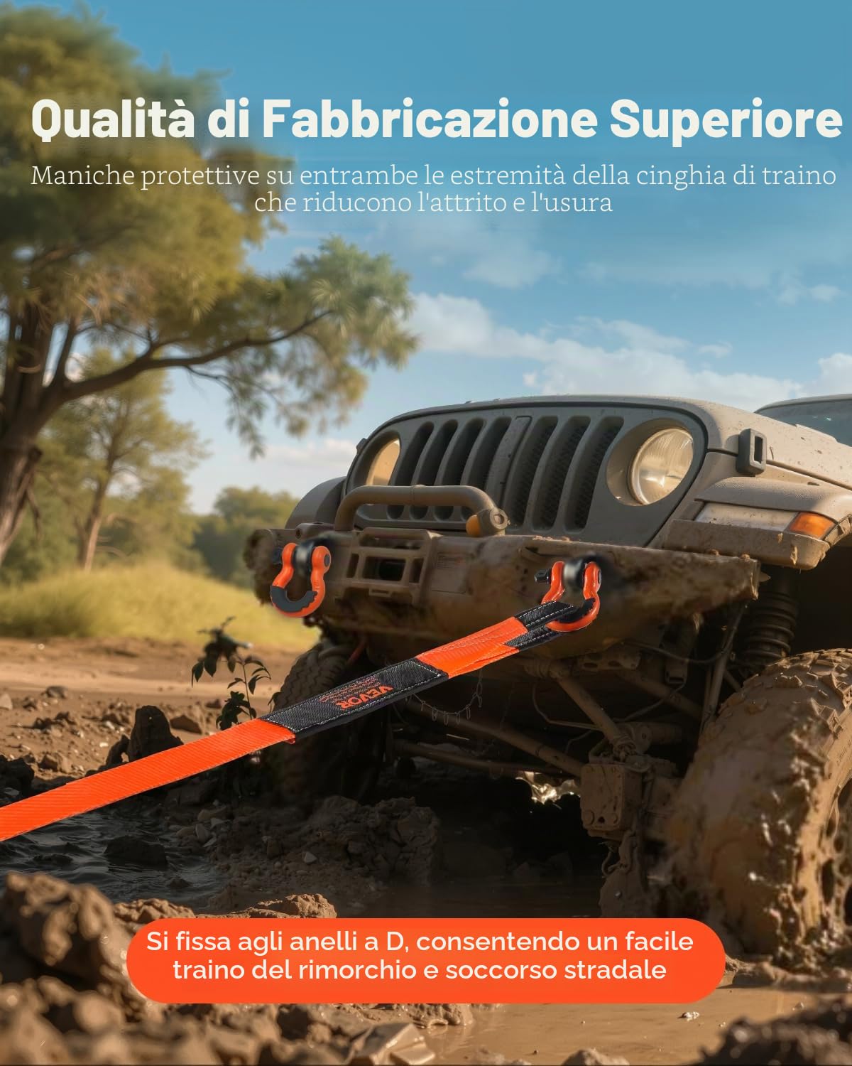 VEVOR Kit di Recupero con Cinghia di Traino per Impieghi Gravosi, Cinghia per Verricello Salva-Albero 76,2 mm x 6,1 m Resistenza alla Rottura di 16329 kg Triplo Anello Rinforzato, per Jeep, SUV, ATV