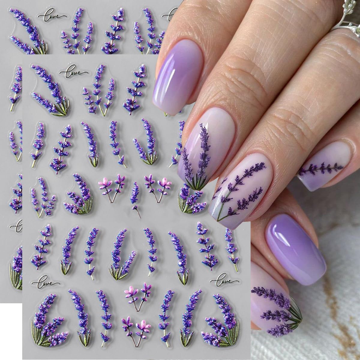 Flower Nail Art Stickers Decals 5D Embossed Purple Flower Nail Decals 2PCS Lavender Floral Spring Nails Design Adhesive Sliders Flower Stickers Summer Nail Art Decorations Supplies for Women Girls