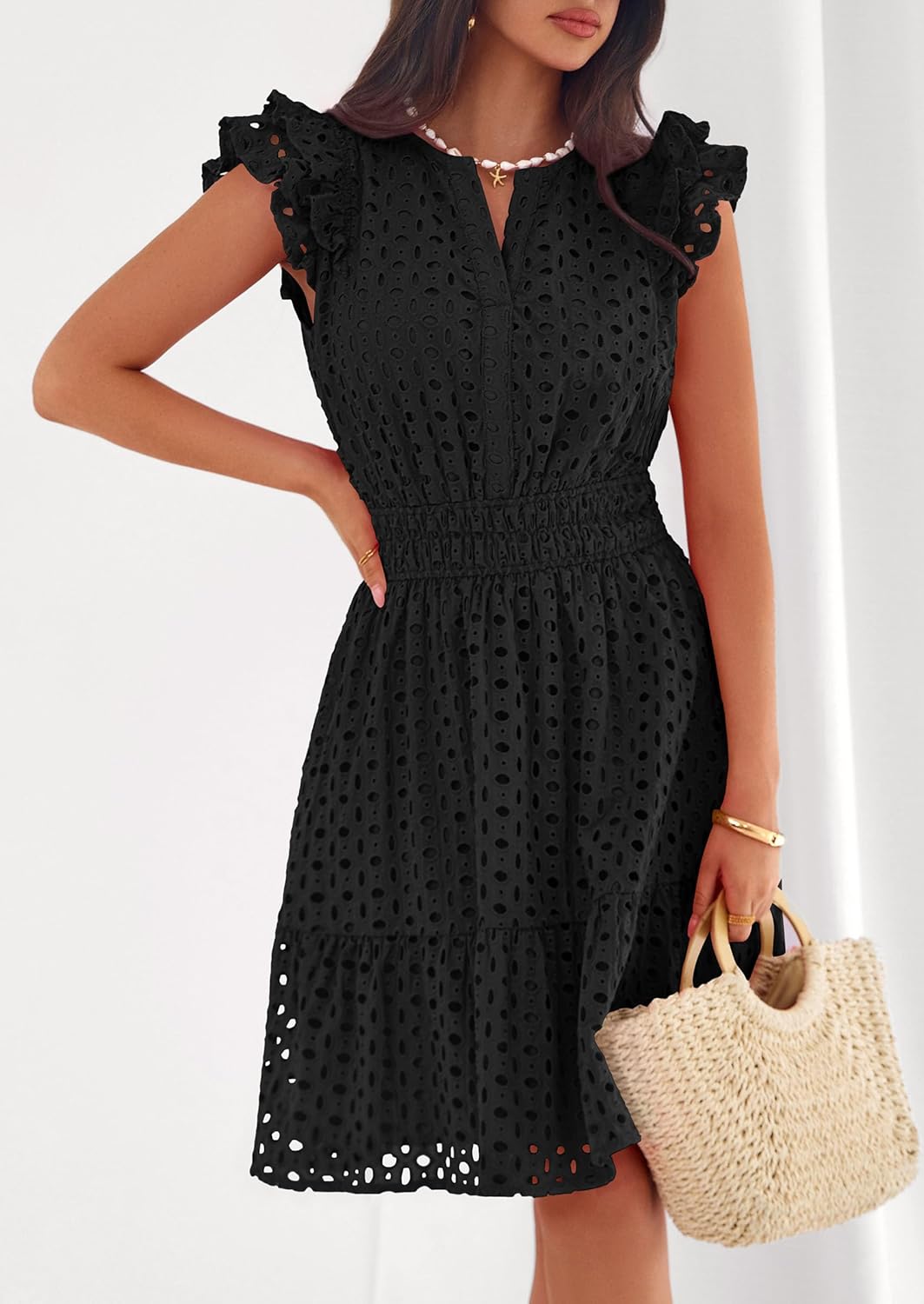 PRETTYGARDEN Women's 2026 Summer Sundresses Eyelet Cap Sleeve V Neck Short Boho Wedding Guest Dress Beach Vacation Clothes - Image 7