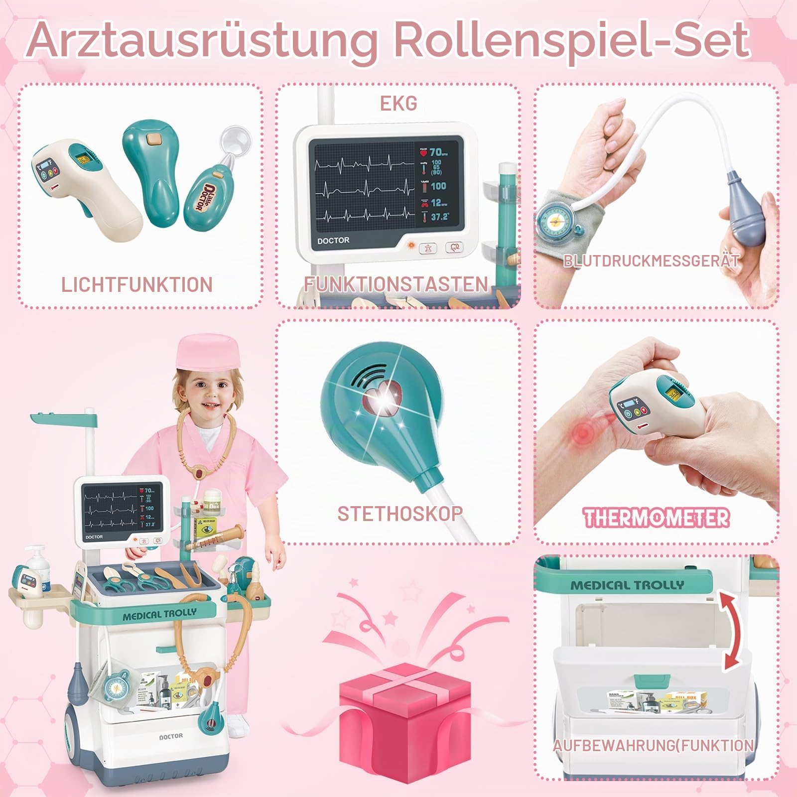 deAO Artztkoffer Dokotorset Rollenspiel Kinder, Doktorkoffer Arztwagen Set