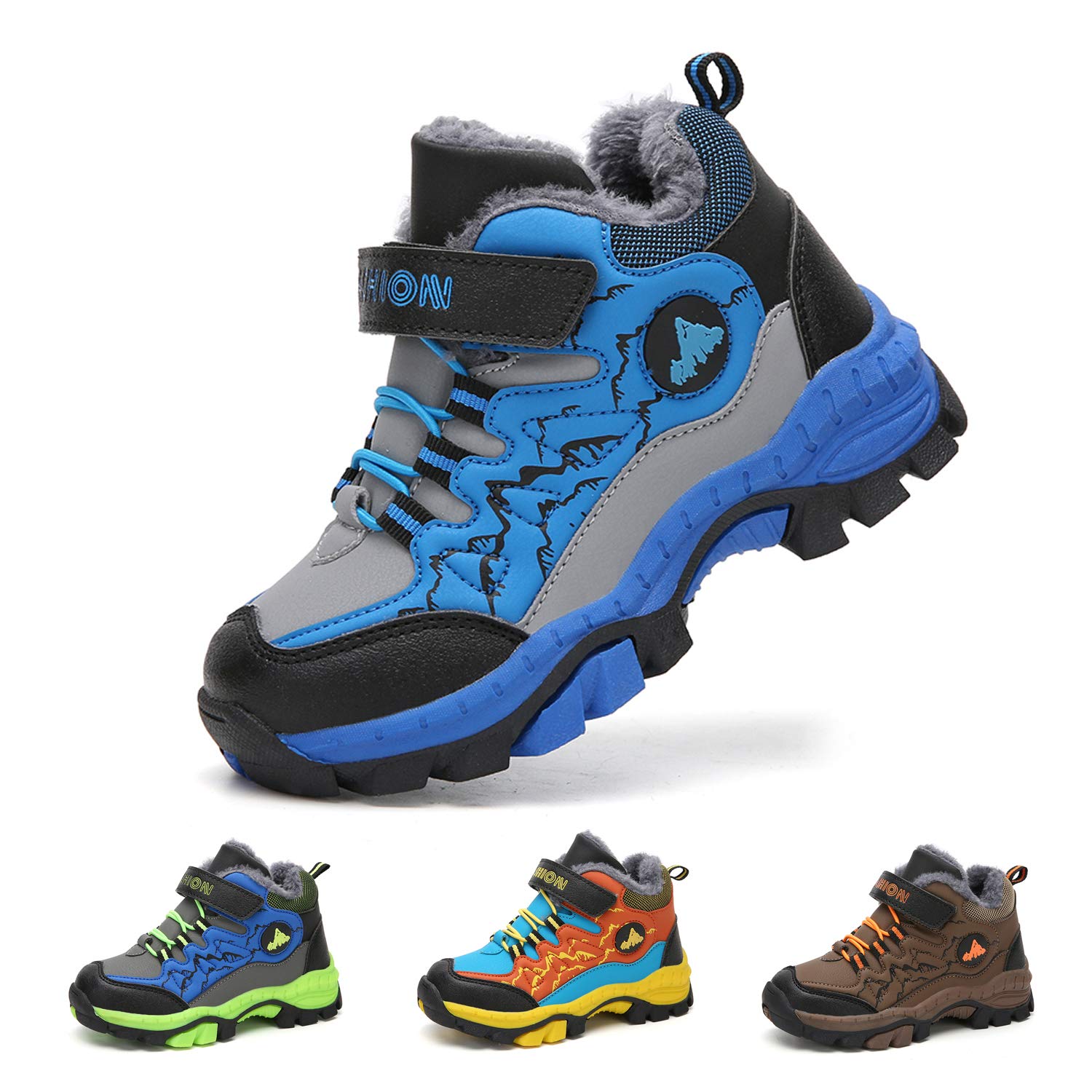 BandkosKids Snow Boots Hiking Shoes Winter Warm Anti-Slip Ankle Support Camping Walking Trekking Sneakers for Boys Outdoor Waterproof Blue Brown Green 11.5-7UK