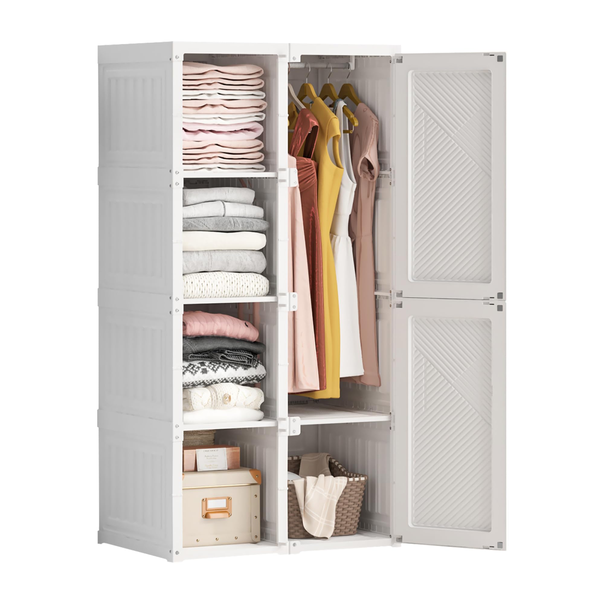 FEEOHOME Pliable Armoire Plastique, Armoire de Chambre à Coucher avec Portes magnétiques, avec 6 Compartiments et 1 Tringle à Vêtements, Penderie pour Chambre, Couloir, Dressing