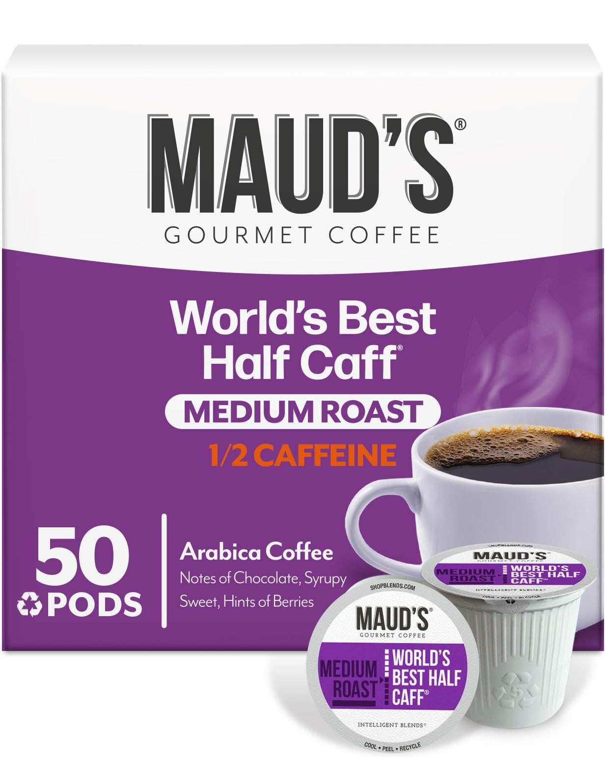 Maud's Half Caff Coffee Pods, 50ct, Medium Roast Coffee in Recyclable Single Serve Pods – 100% Arabica Coffee, Compatible with Keurig K Cups Maker
