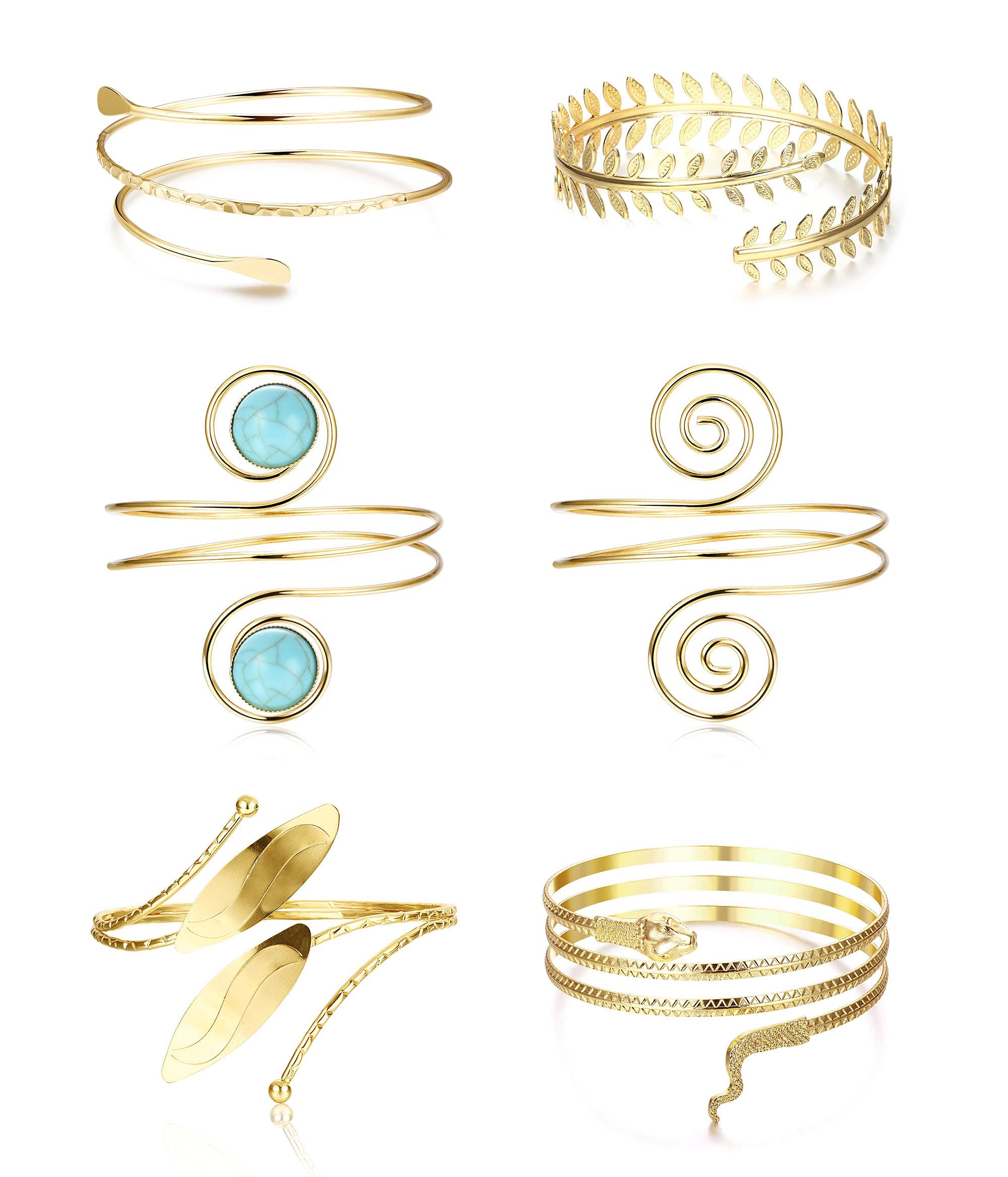 LOLIAS 6 Piezas Brazalete de Brazo Superior para Mujer Brazalete Abierto Brazalete de Hoja Minimalista Bobina de Metal Conjunto de Joyería Ajustable Oro/Plata