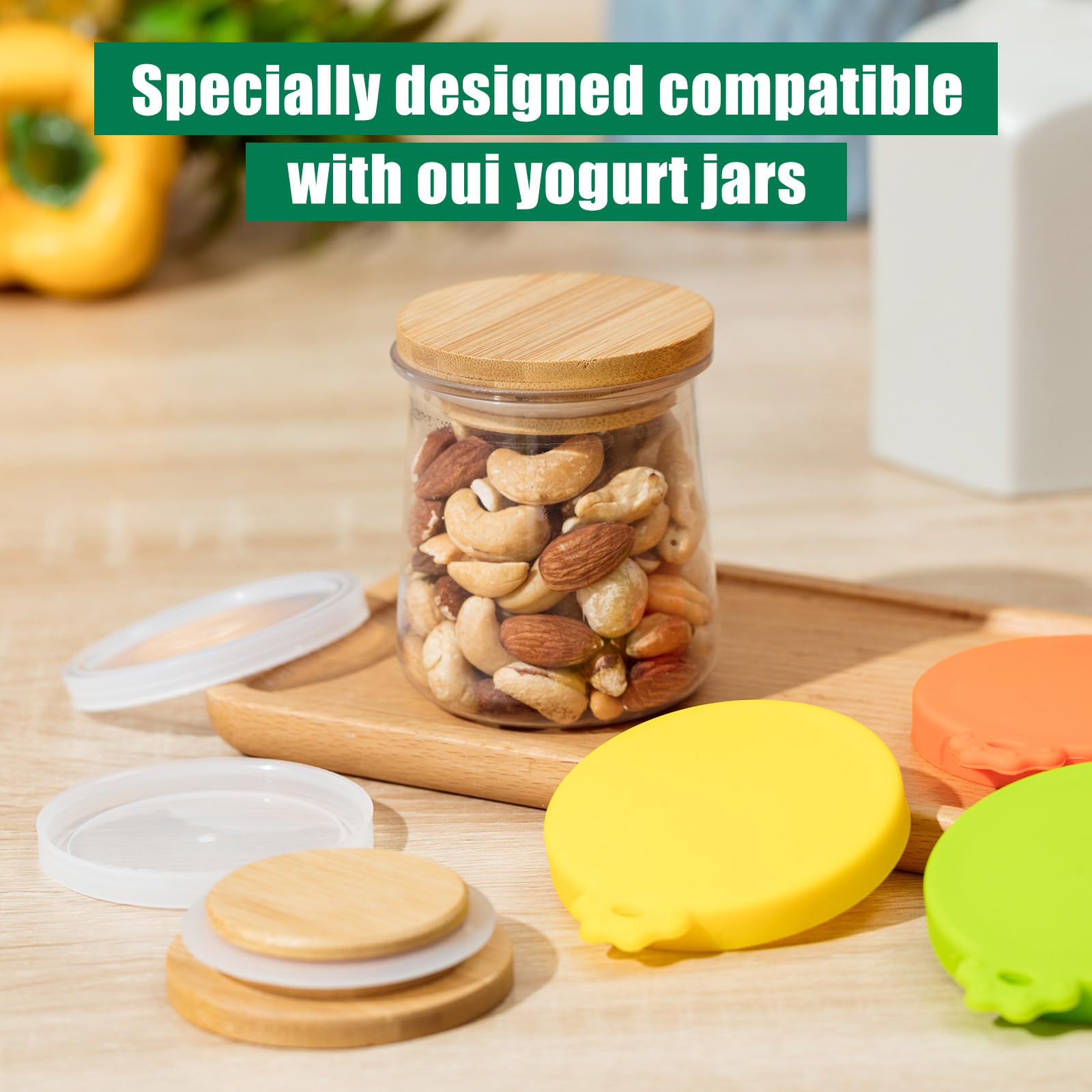 Mumufy 27 Pcs Yogurt Jar Lids Clear Plastic Silicone Bamboo Wood Container Lids with Silicone Sealing Rings Reusable Replacement Covers Compatible with Oui Yogurt Jars