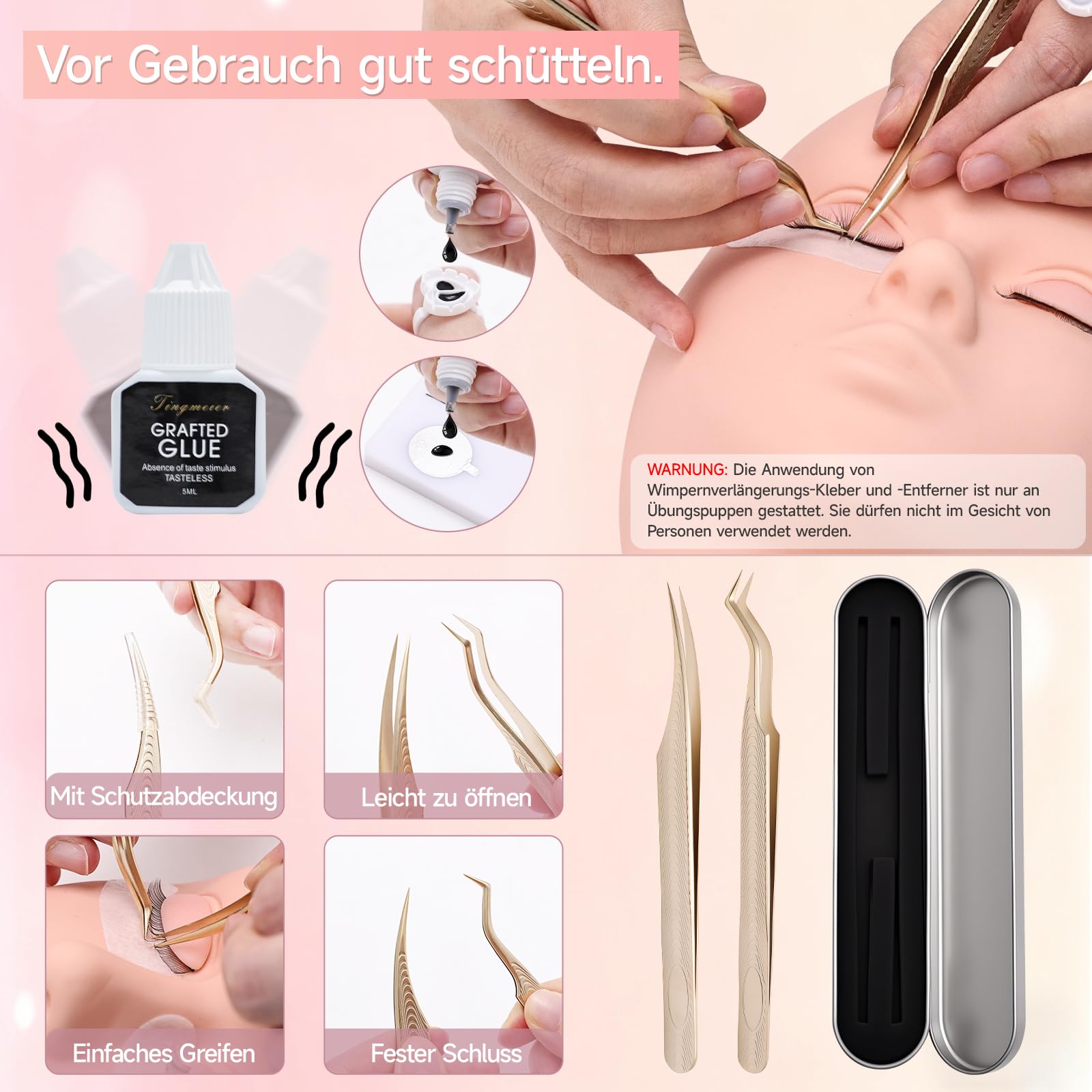 TwoWin Wimpernverlängerungs Set für Anfänger, Eyelash Extension Kit mit 4pc abnehmbaren Augenlidern, Professionelle Wimpern Mannequin Kopf Set mit Trainingskurs