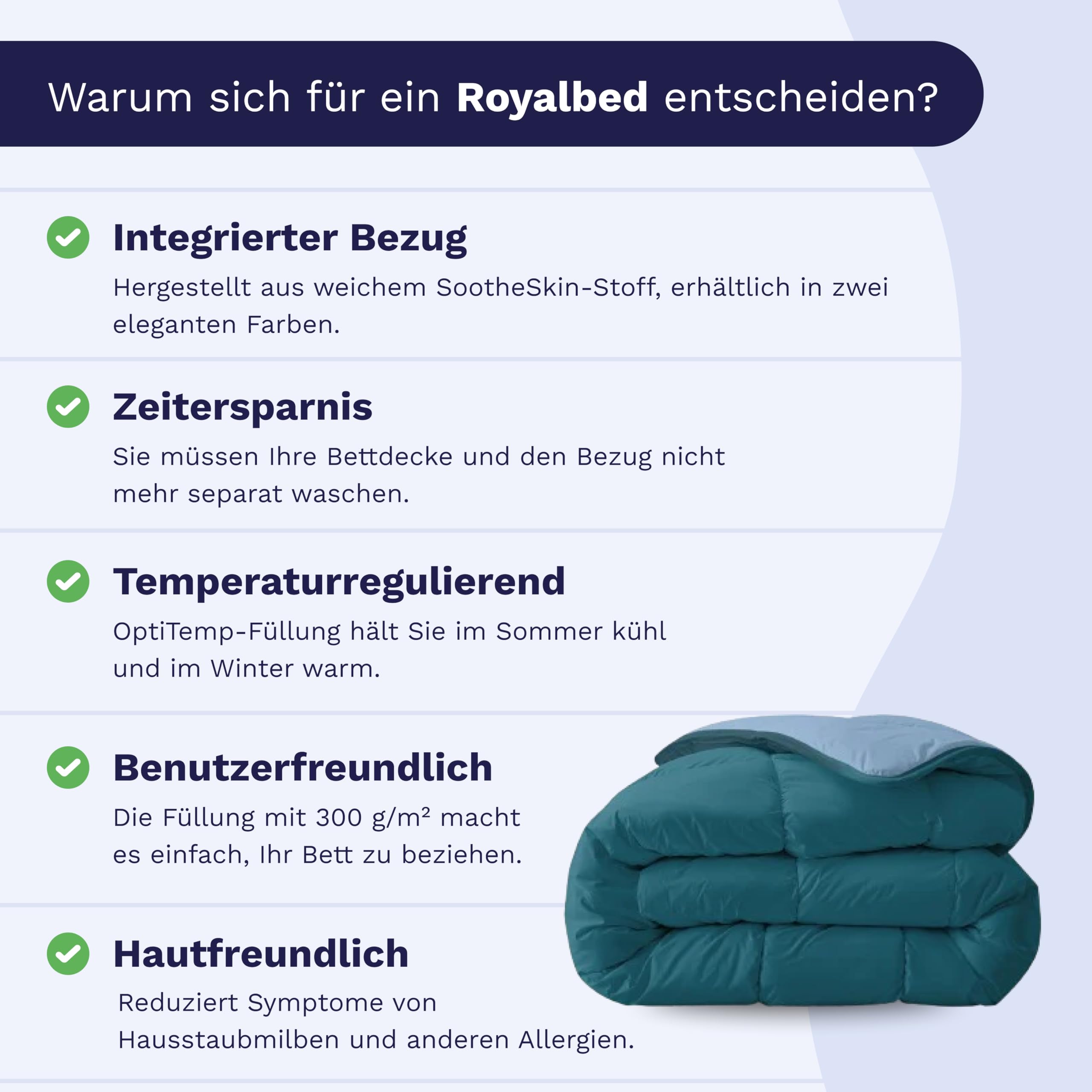 Zelesta Royalbed Ganzjahresdecke 2-in-1 mit integriertem Bezug - maschinenwaschbar - hypoallergen & leicht 300 g/m² Füllung - Zweiseitiges Design - Kein separater Bettbezug erforderlich