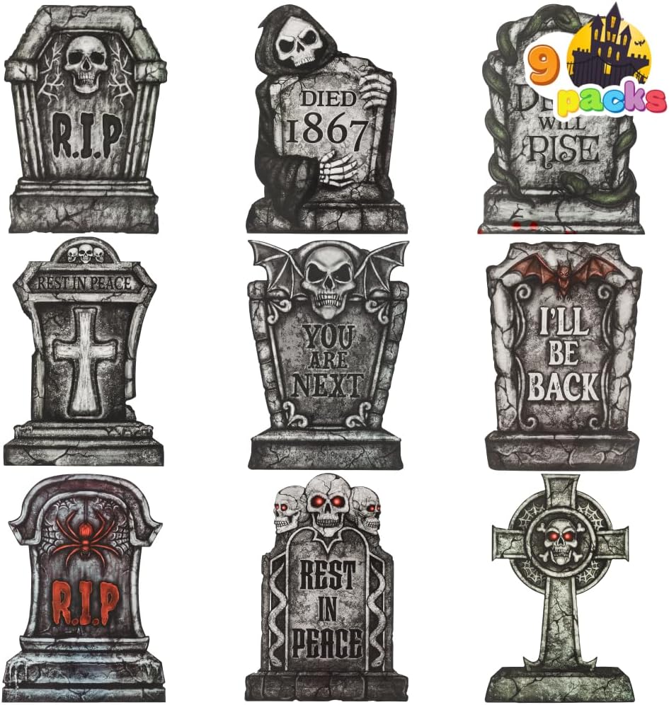 JOYIN 16" 9 Pcs Halloween Tombstones Decorations Outdoor, Graveyard Yard Lawn Plastic Headstones with 18 Metal Stakes for Halloween Cemetery, Indoor Decorations, Prop, Party Decor Supplies Gothic