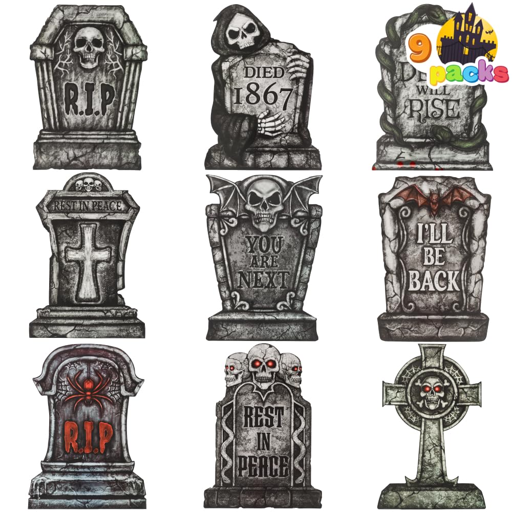 Joyin Gray, Brown 16" Halloween Graveyard Tombstones, 9 Pcs Plastic Rip Headstones With 18 Metal Stakes For Halloween Outdoor Indoor Decorations, Prop Cemetery Yard Lawn Decorations, Party Decor Supplies