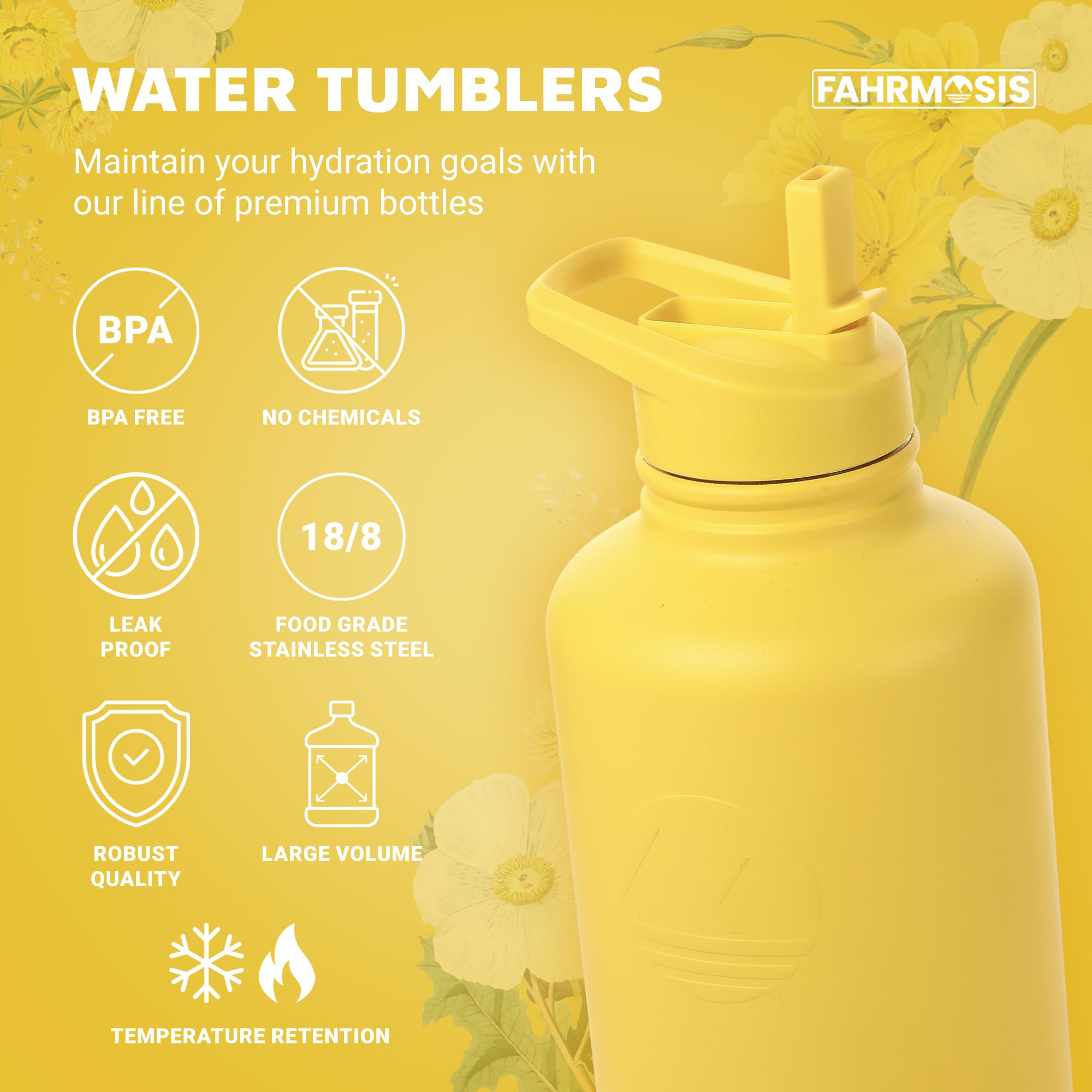 FAHRMOSIS Botella de agua aislada de 64 onzas, botella de agua de acero inoxidable con popote y correa de soporte, incluye 3 tapas, botella de agua fría a prueba de fugas para hombres y mujeres,