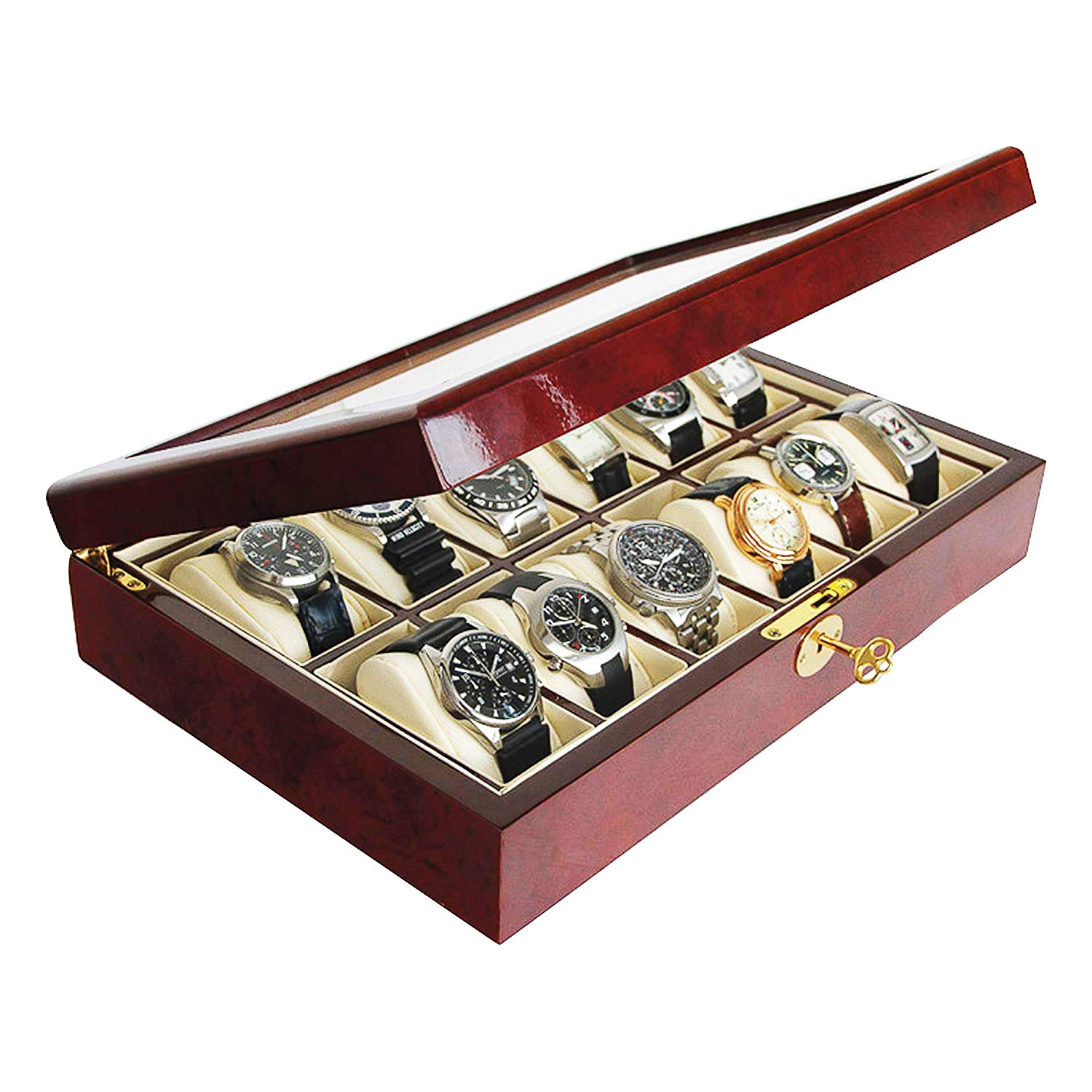 Safe 260 Caja de madera lacada para guardar 12 relojes color caoba - compartimentos individuales extraíbles con tapa transparente - 360 x 238 x 76 mm