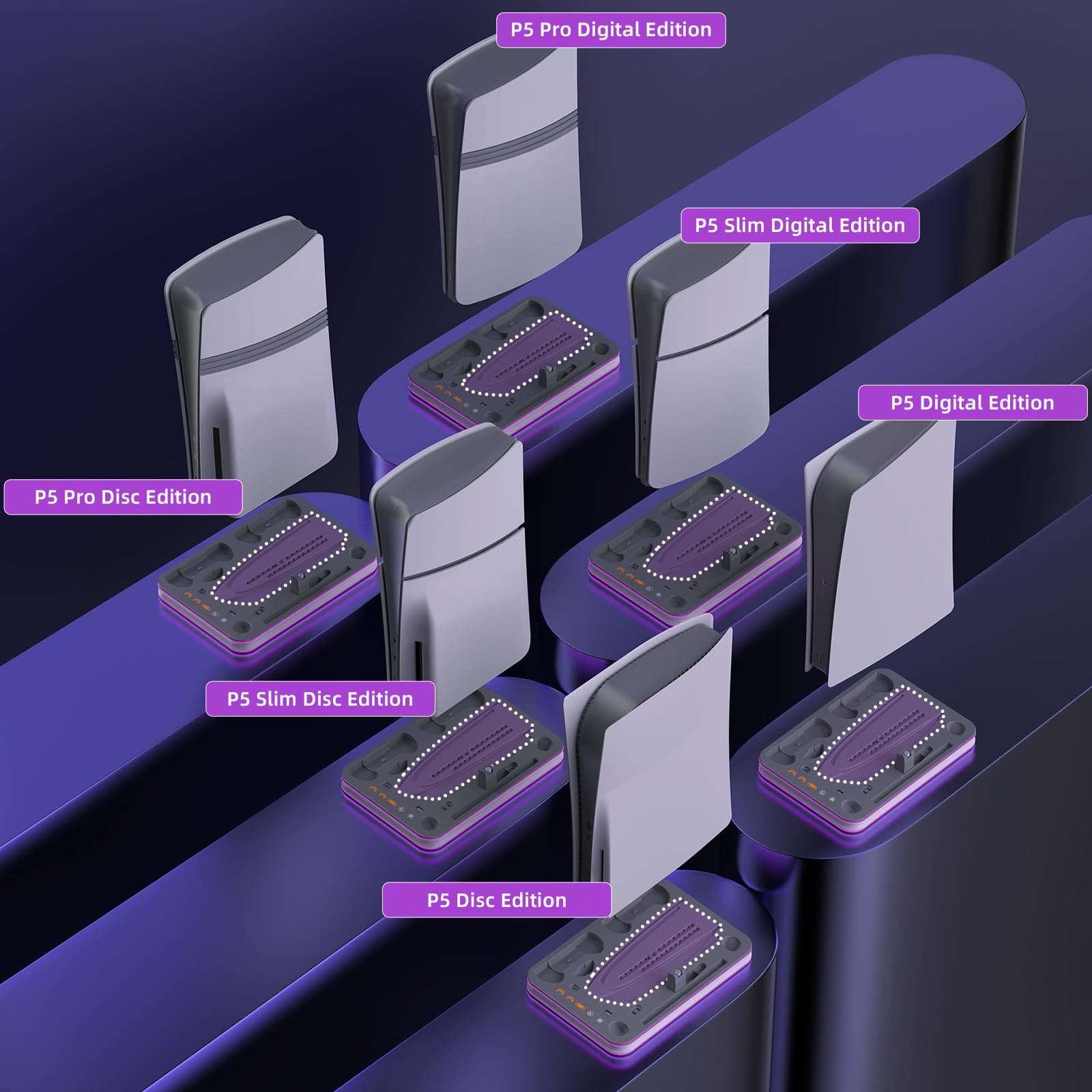 Dock di ricarica compatibile con portale e controller PS, supporto PS5 Pro e stazione di raffreddamento con dock di ricarica LED RGB, controller PS5 Edge, cuffie e supporti per telecomando