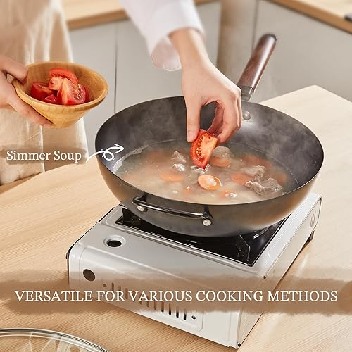 Miniatura 4 de KITEXPERT Wok de acero al carbono con tapa, sartenes antiadherentes de 13 pulgadas con mango de madera, wok chino sin revestimiento químico con